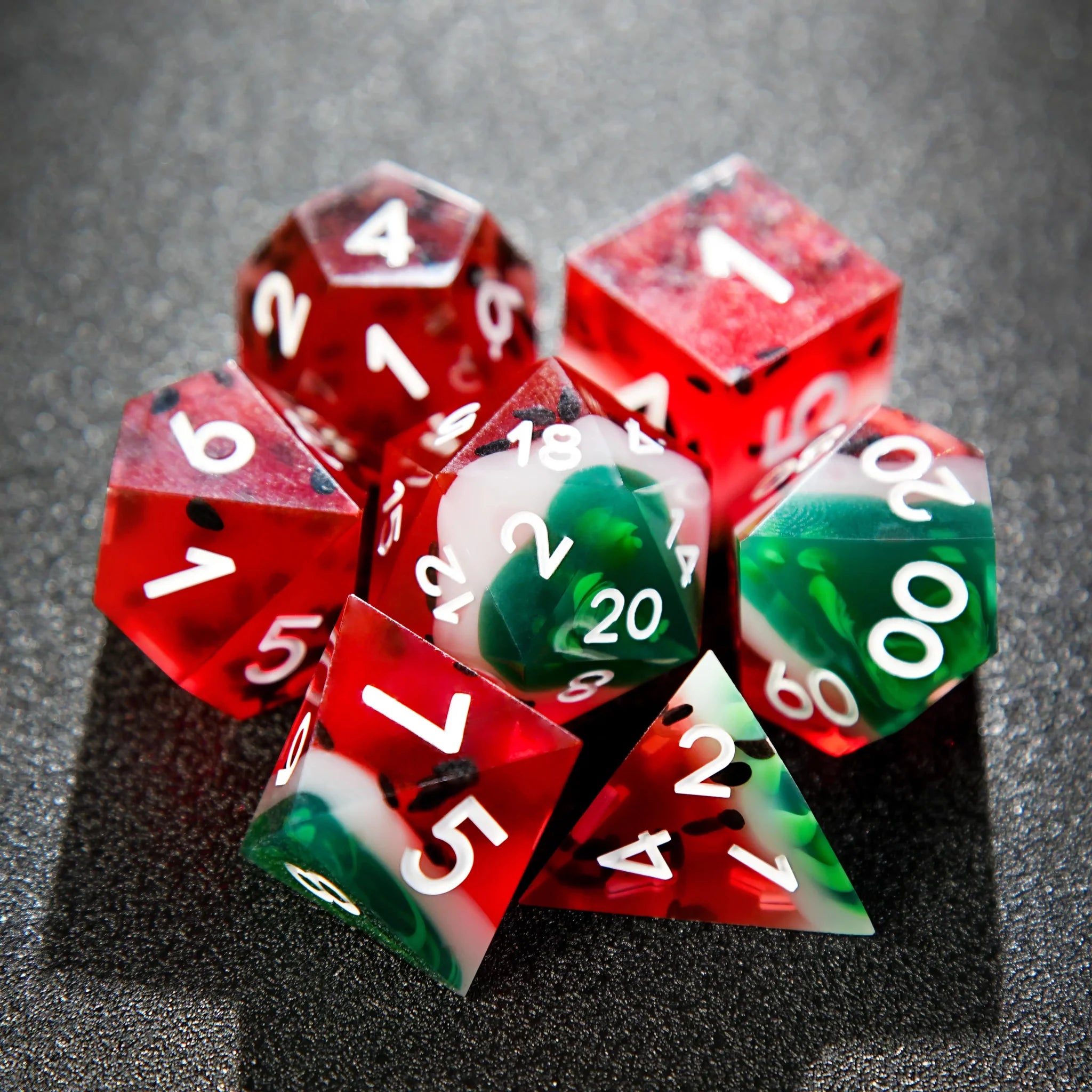Beach Party - Watermelon Resin DND Dice Set + White Numbers - Bear Dice