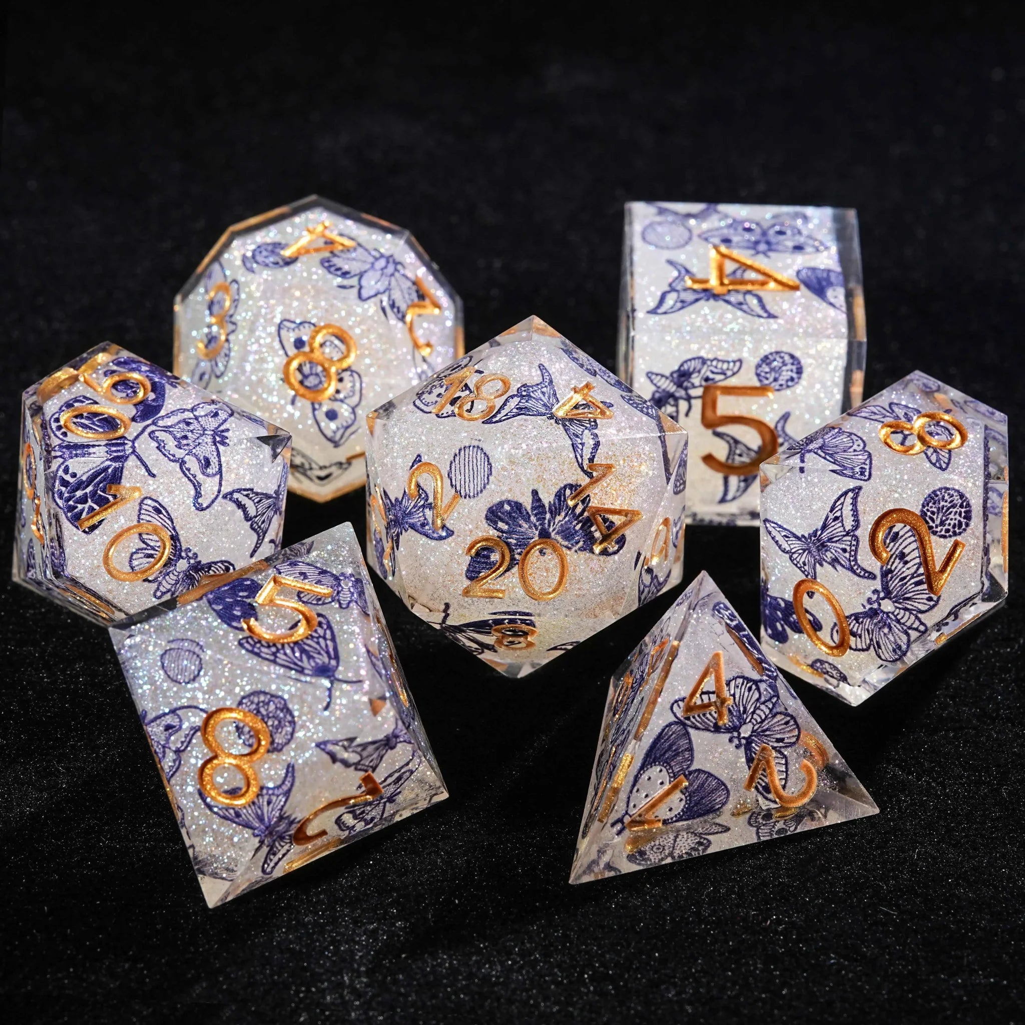 Blue Butterfly Resin DND Dice Set + Gold Font - Bear Dice