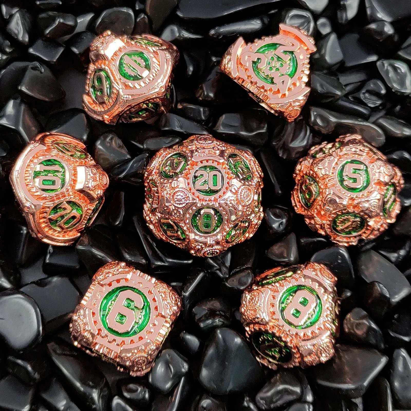 Mechanical gear theme rose gold case with emerald green digital metal dice set - Bear Dice