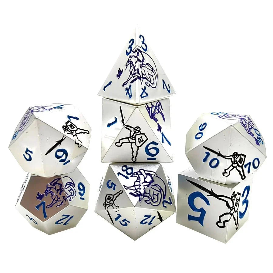 Purple Dragon and Black Warrior White Metal Solid DND Dice Set + Blue Font - Bear Dice