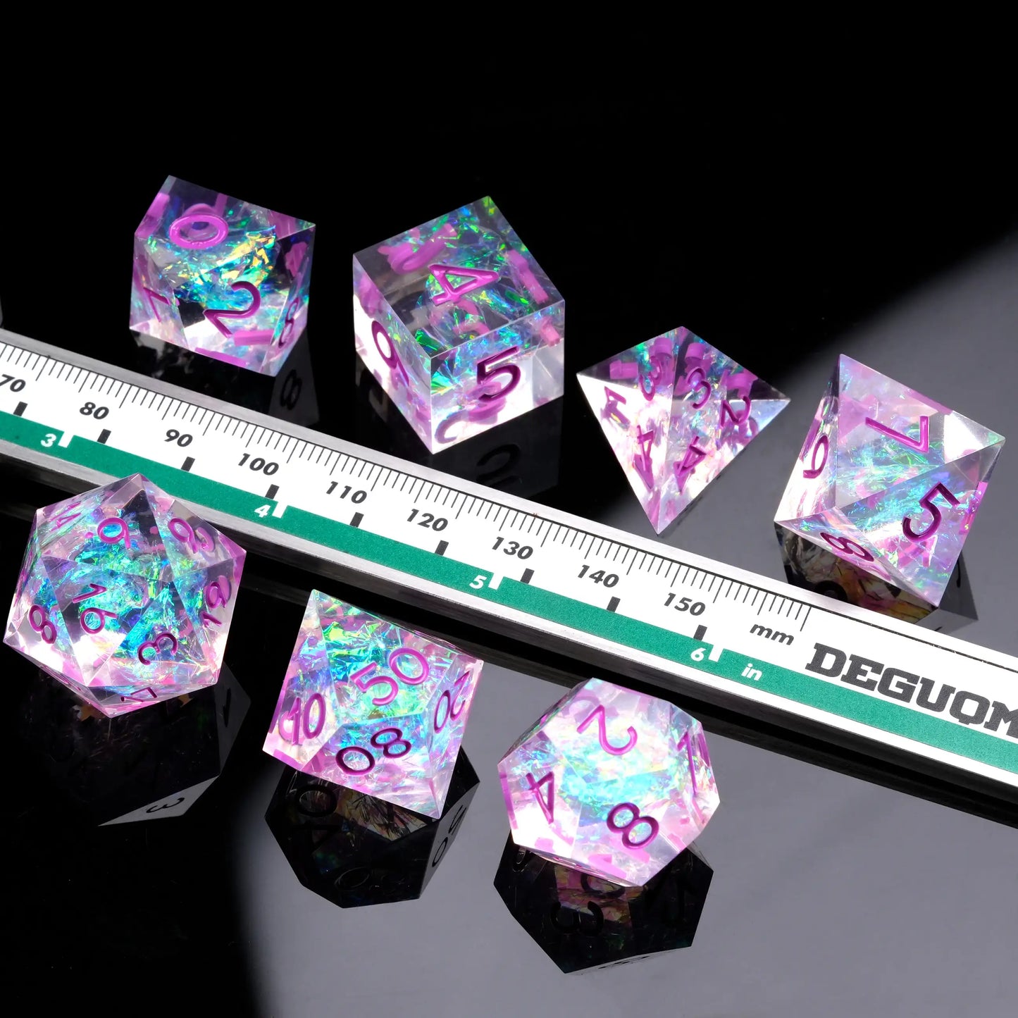 Transparent resin solid DND multi-sided dice set with colorful lightning + purple font | Bear Dice