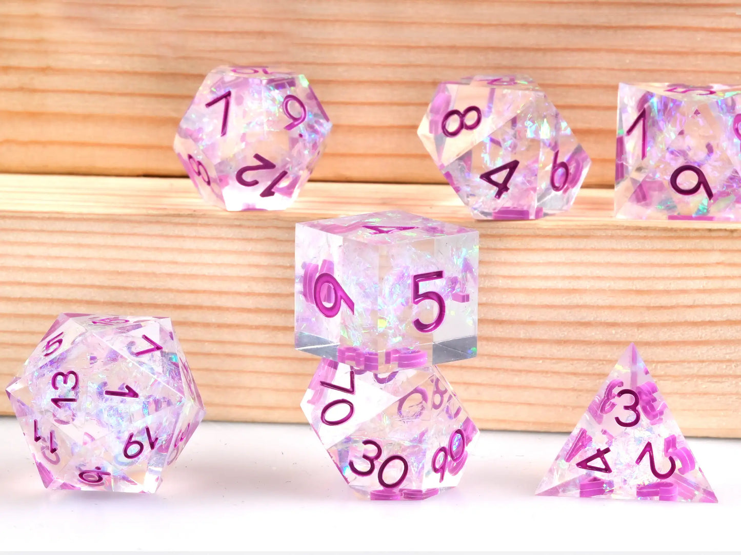 7 Transparent resin solid DND dice set with colorful lightning + purple font | Bear Dice