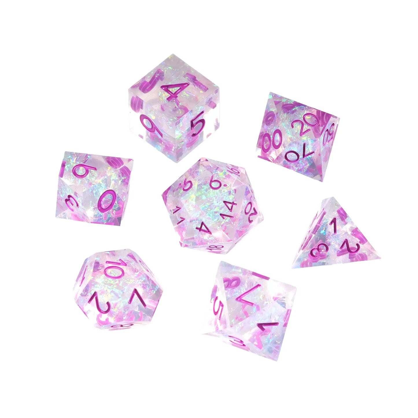 Transparent resin solid DND dice set with colorful lightning + purple font | Bear Dice