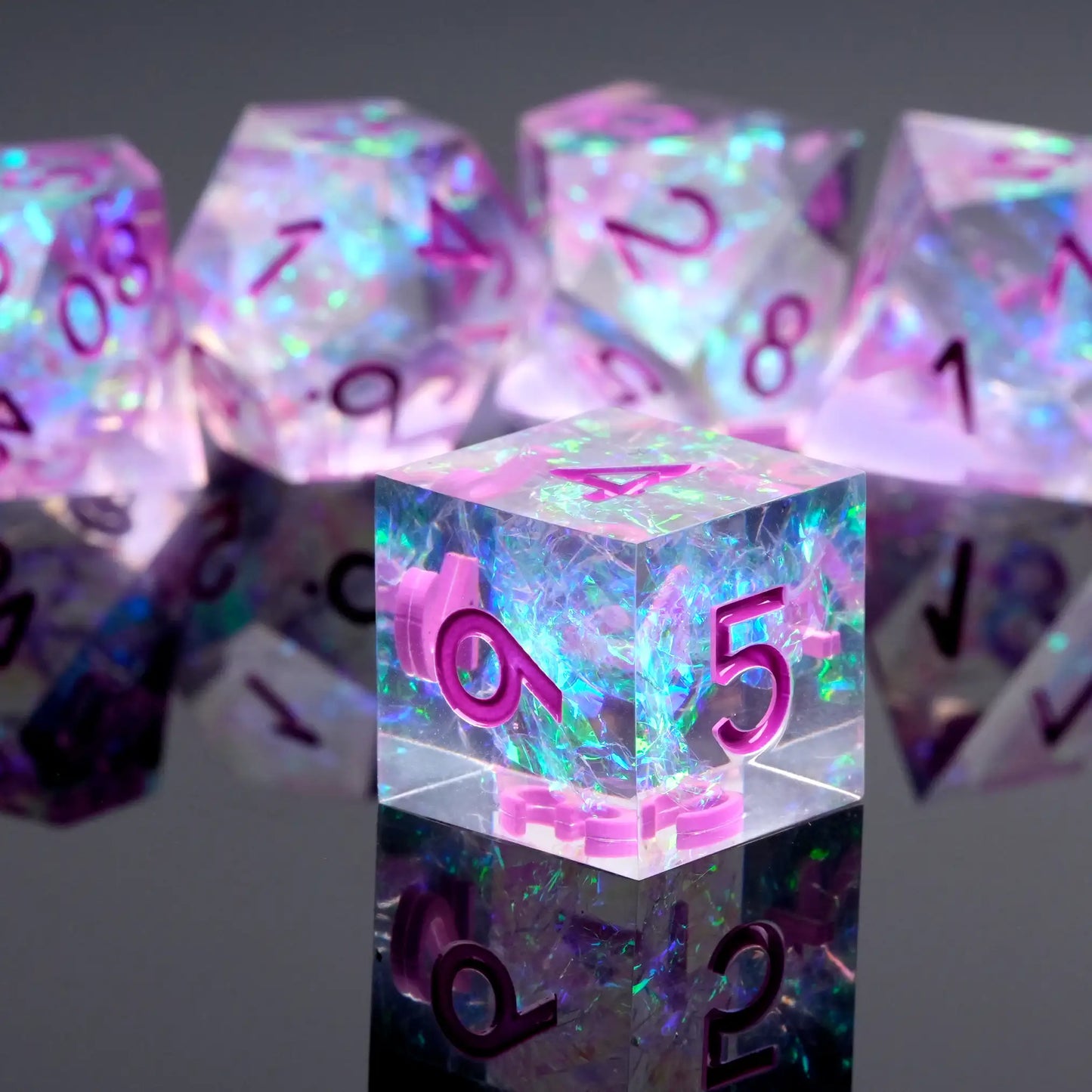 Transparent resin solid DND D6 dice with colorful lightning + purple font | Bear Dice