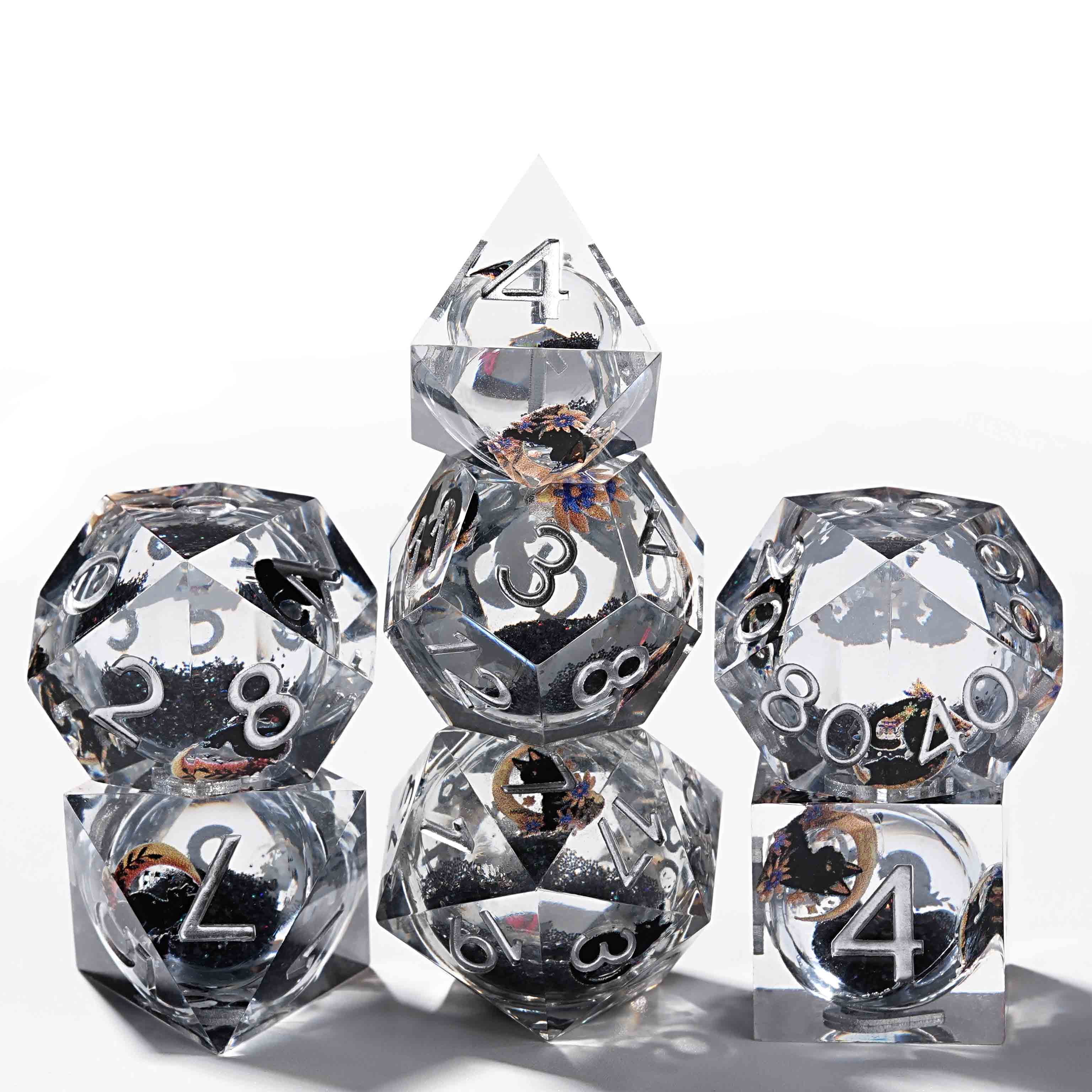 Moon Night Shadow Cat Guardian Unusual White Resin DnD Dice Set