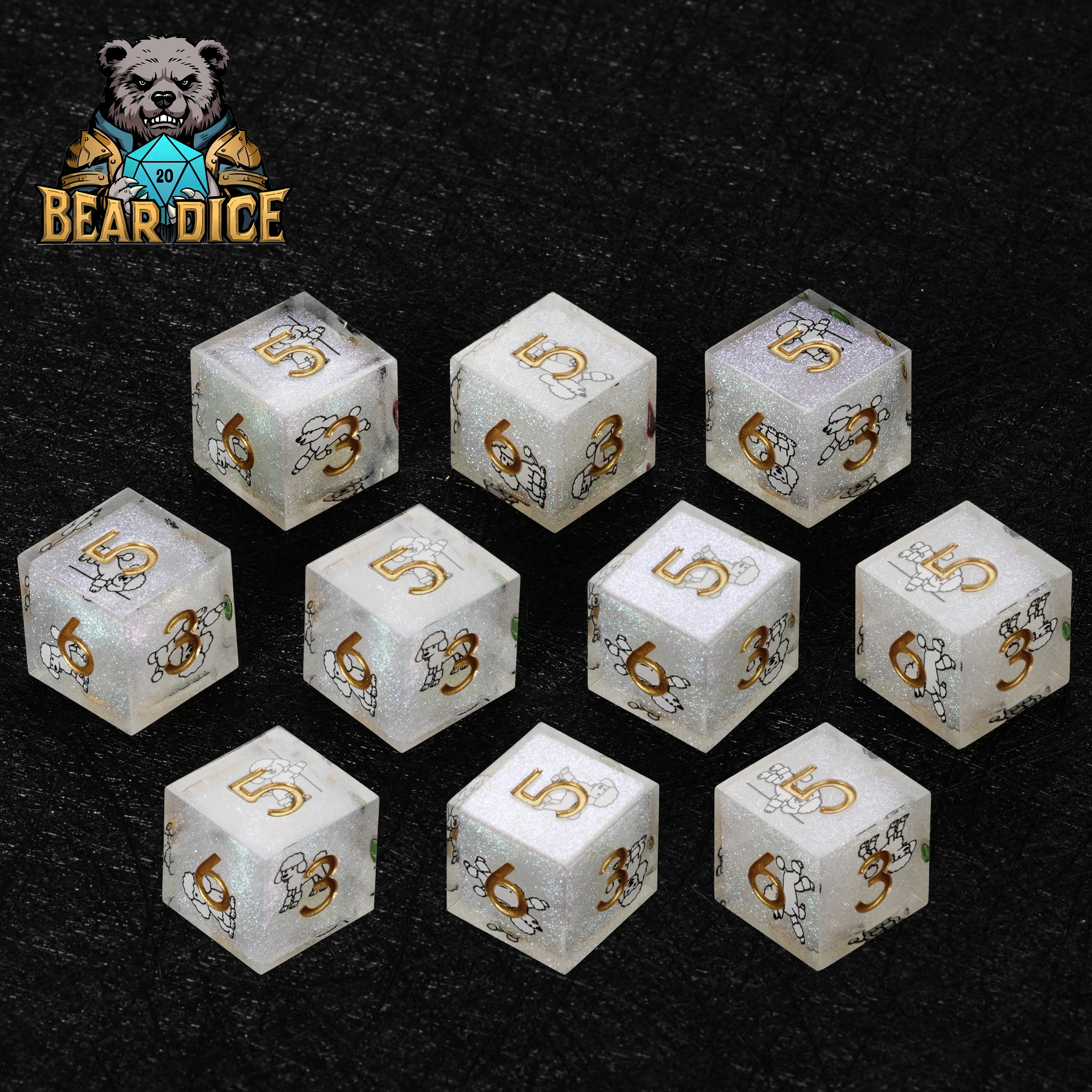 White Resin Poodle DND D6 Dice Set | Cute Glitter RPG Dice for D&D