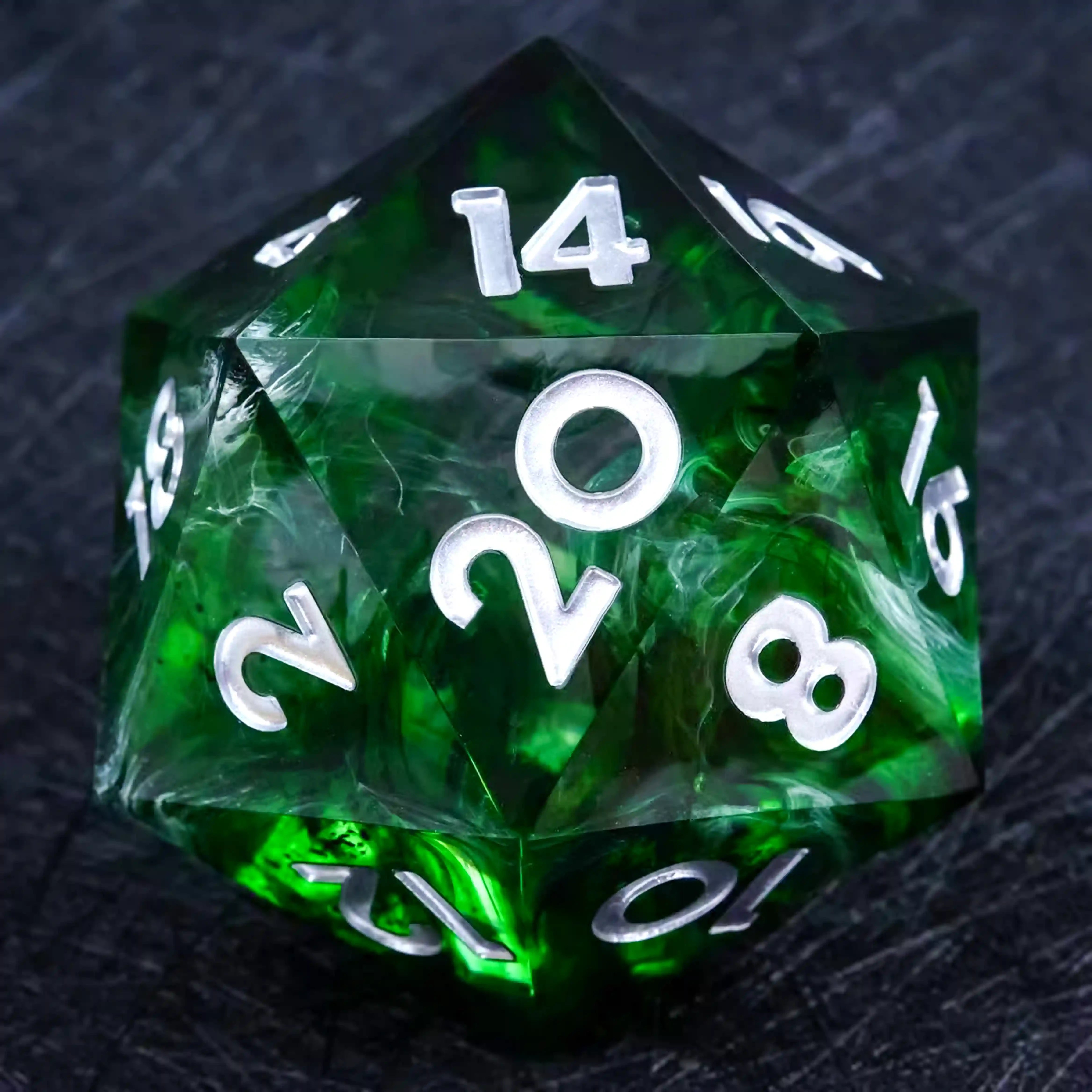 35mm Dark Green Swirl Transparent Resin D20 Dice with White Numbers