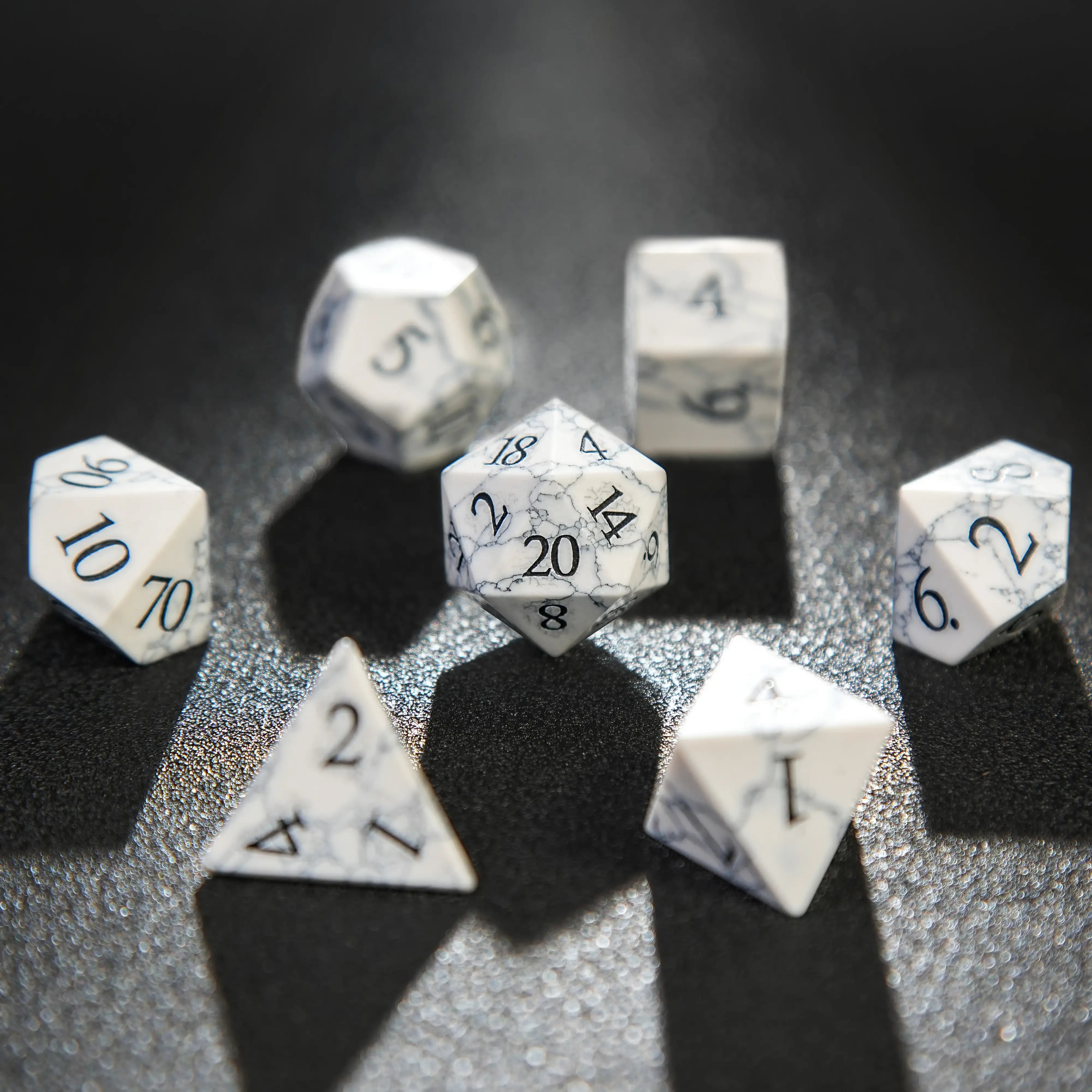 White Turquoise (Howlite) Gemstone Dice Set with Black Veining & Numbers