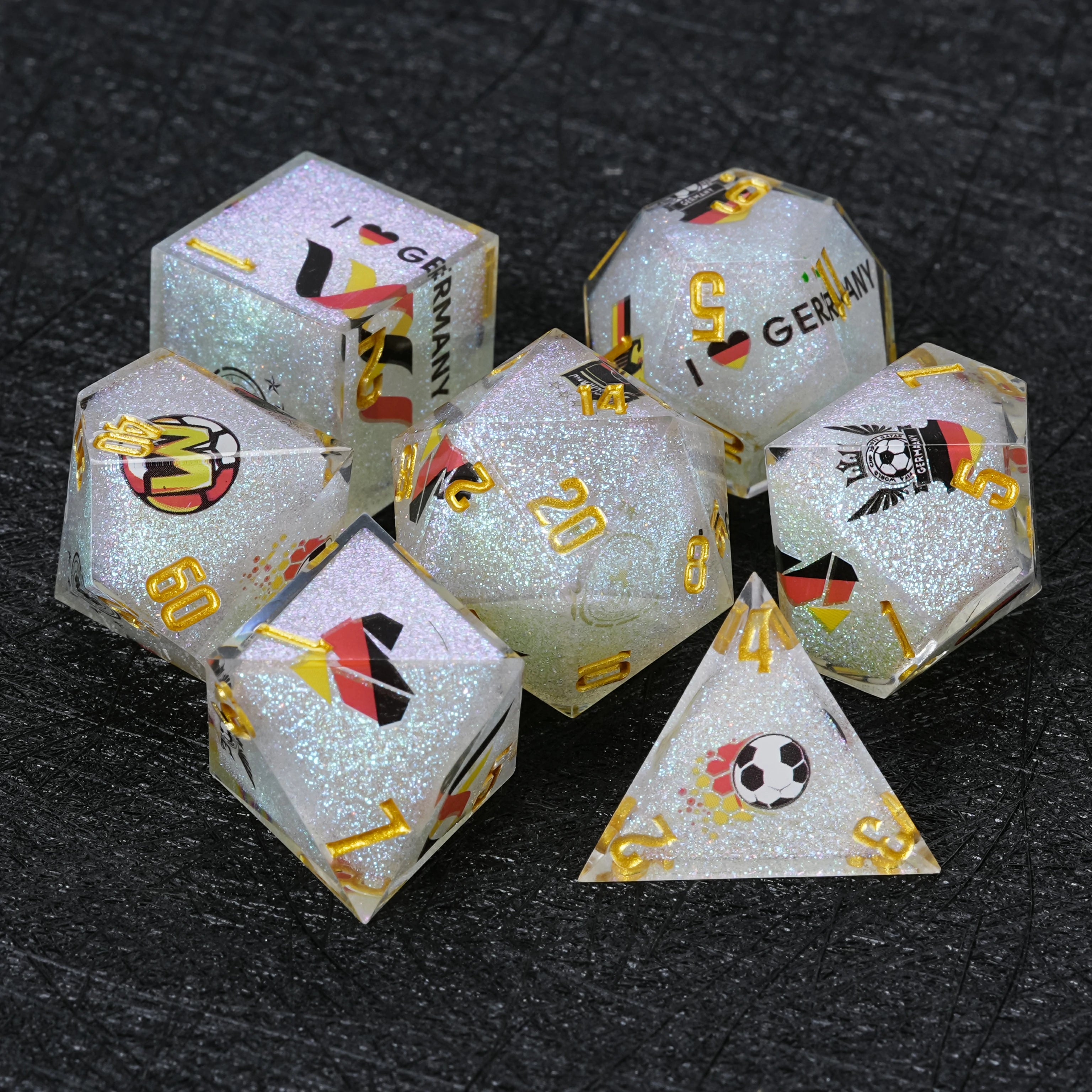 Germany Soccer DND Dice Set – World Cup Kickstarter White Glitter Resin Dice