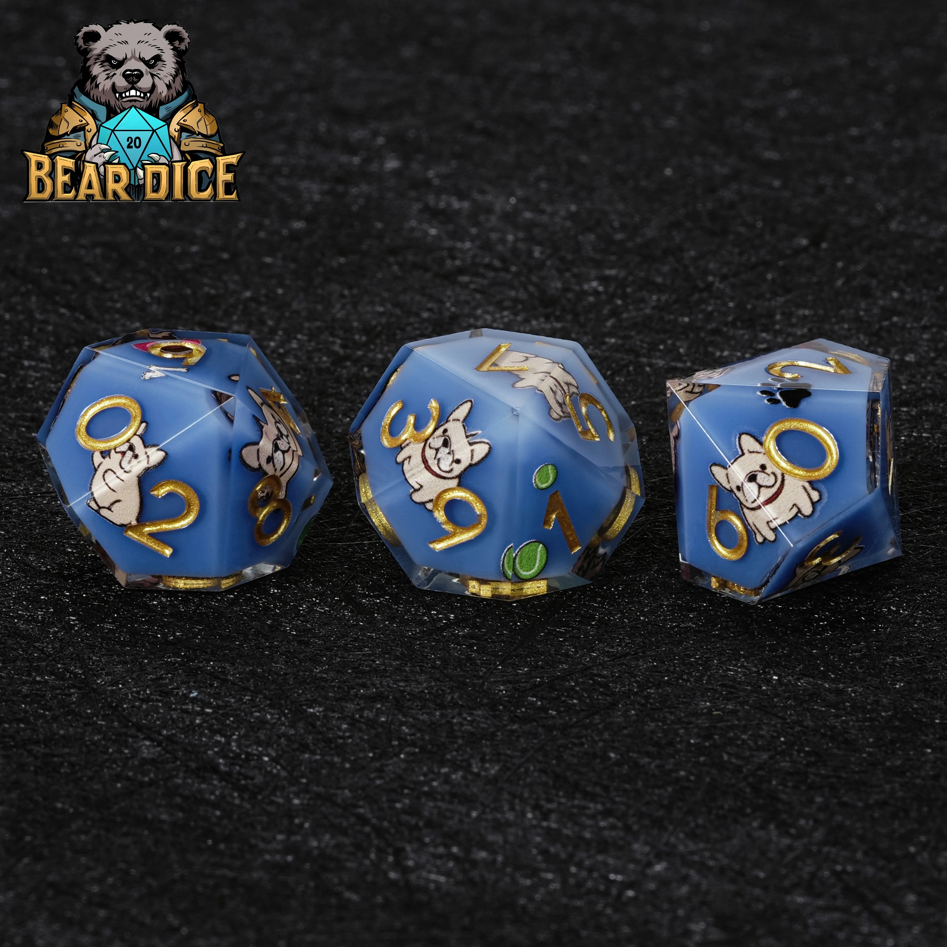Bulldog Blue Resin D10 Dice | D&D RPG Polyhedral Die with Cute Dog Design