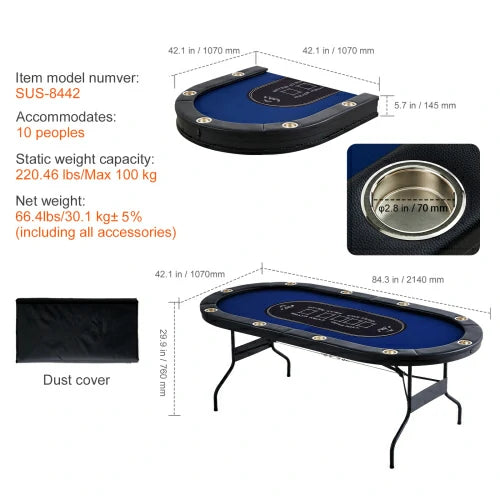 10-Person Portable Card Game Table — Folding Blackjack & Texas Hold'em Table with Padded Armrests and Stainless Steel Cup Holders
