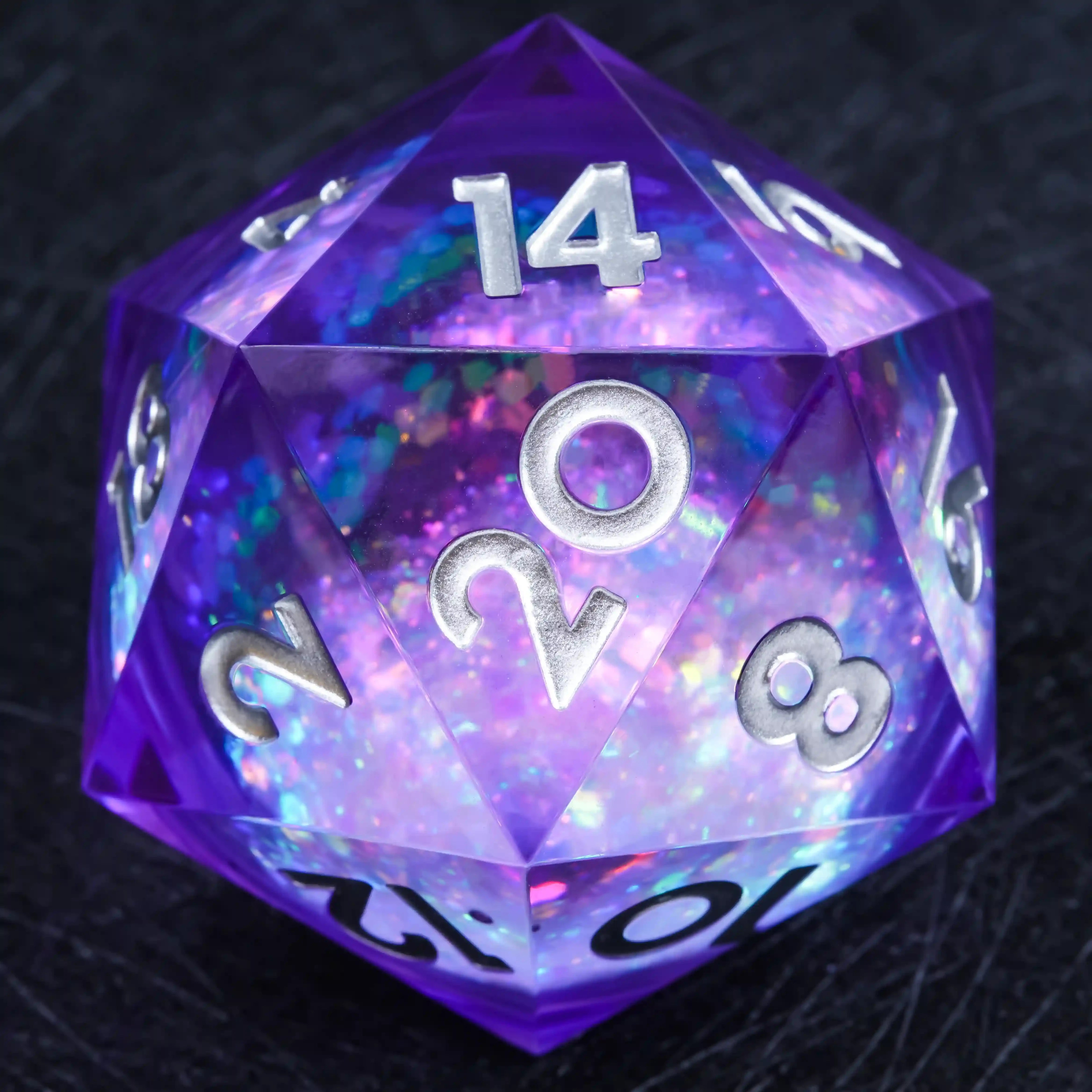 35mm Blue-Purple Transparent Resin Silver Liquid-Core Large D20 Dice + White Numbers