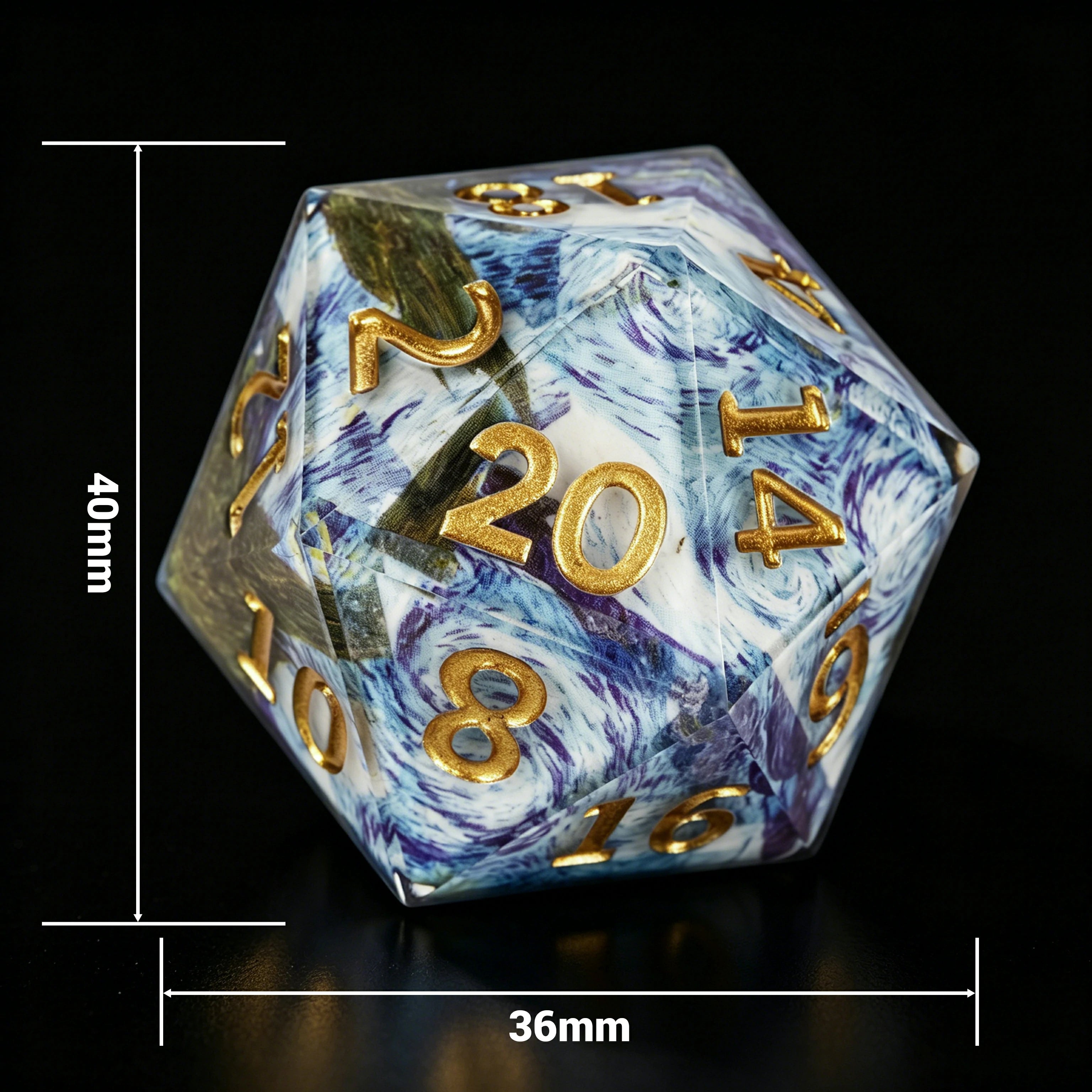 35mm Van Gogh Giant D20 Dice with Gold Lettering – Starry Night Resin RPG Dice