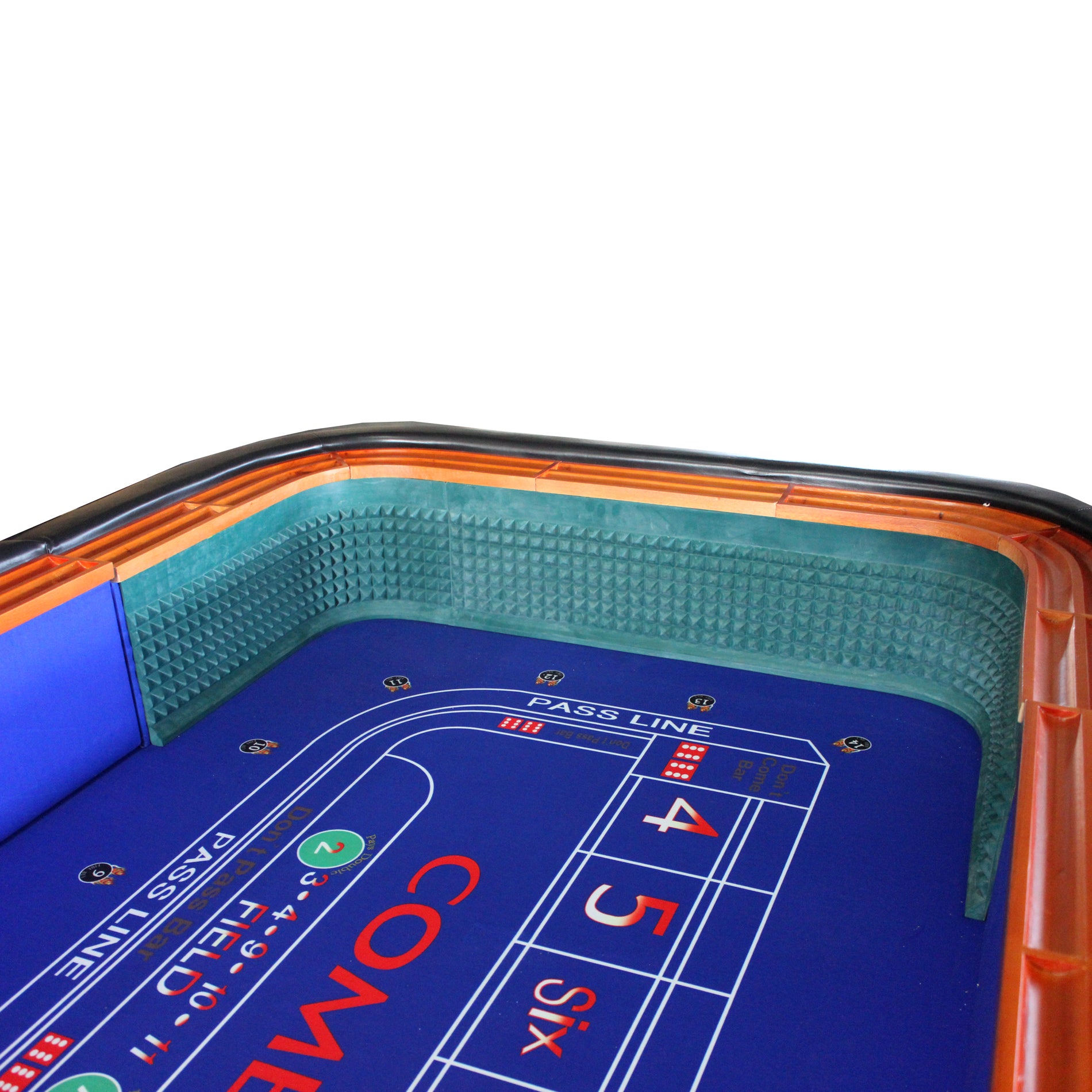 12-Inch Blue Felt Roll Dice Game Table close-up of blue felt surface and orange padded rail | Bear Dice