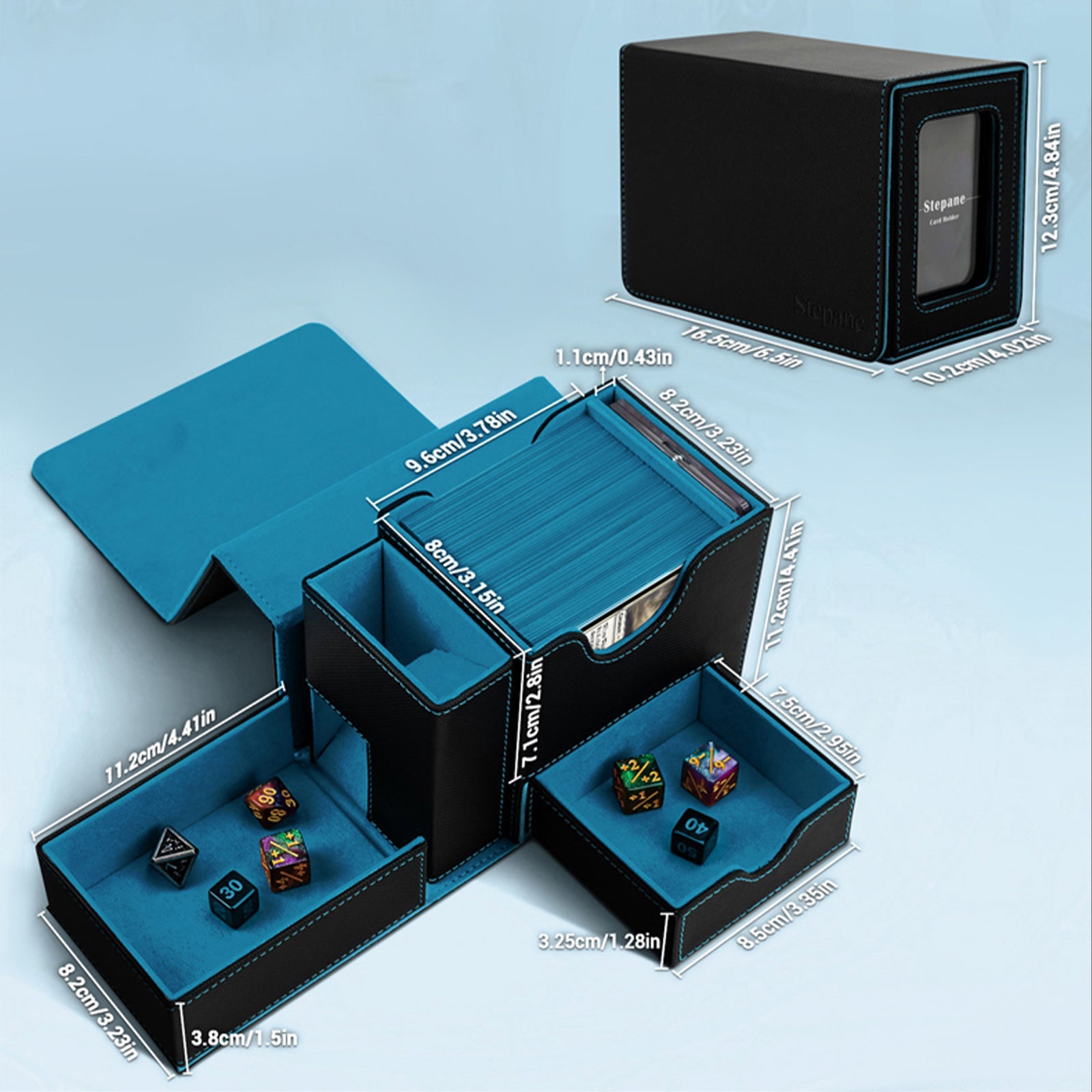 PU Leather Card Box with Dice Tray | Trading Card Storage Box for MTG, Pokemon, DnD, and Board Games