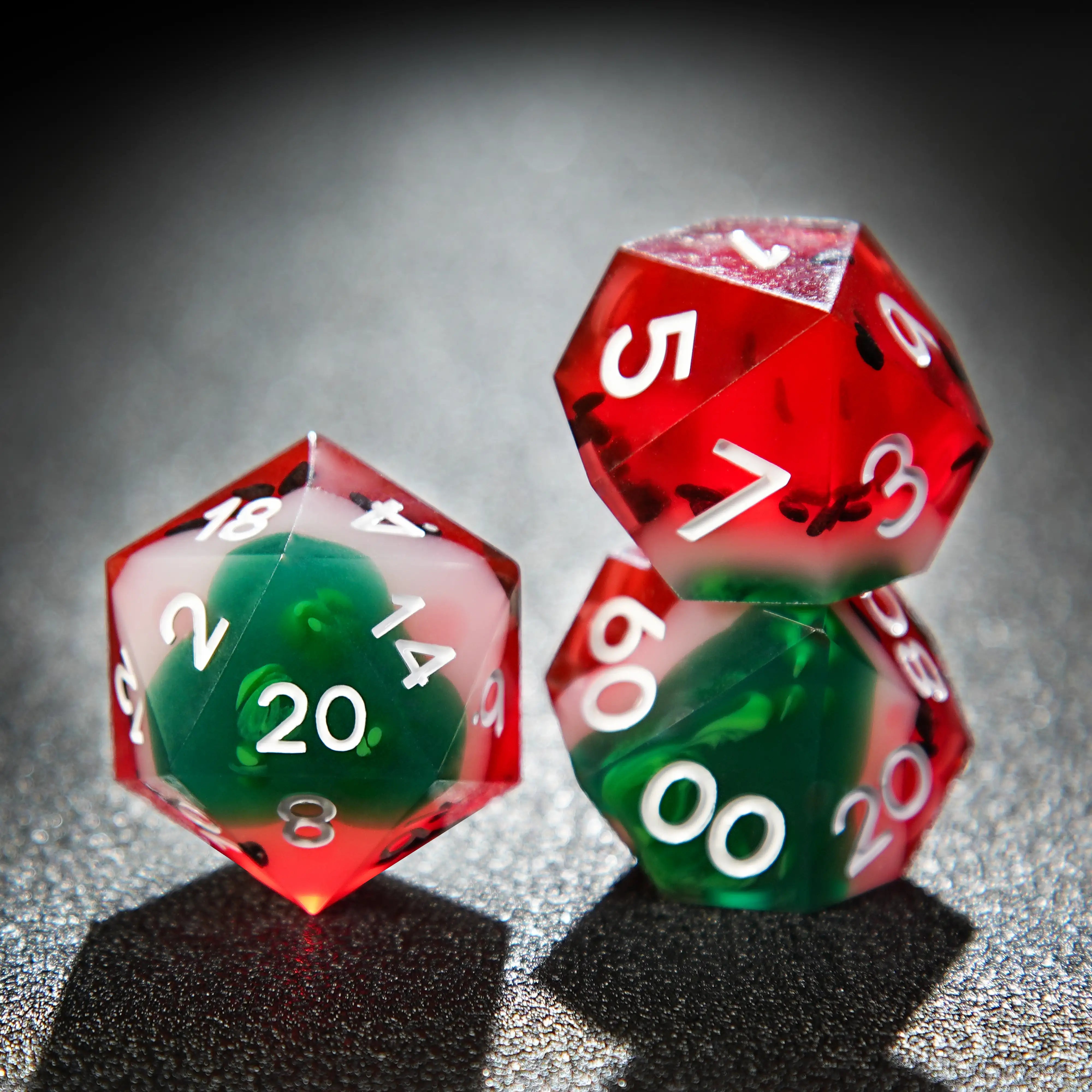 Beach Party - Watermelon Resin DND D20 Dice +d10 dice+d% dice + White Numbers | Bear Dice