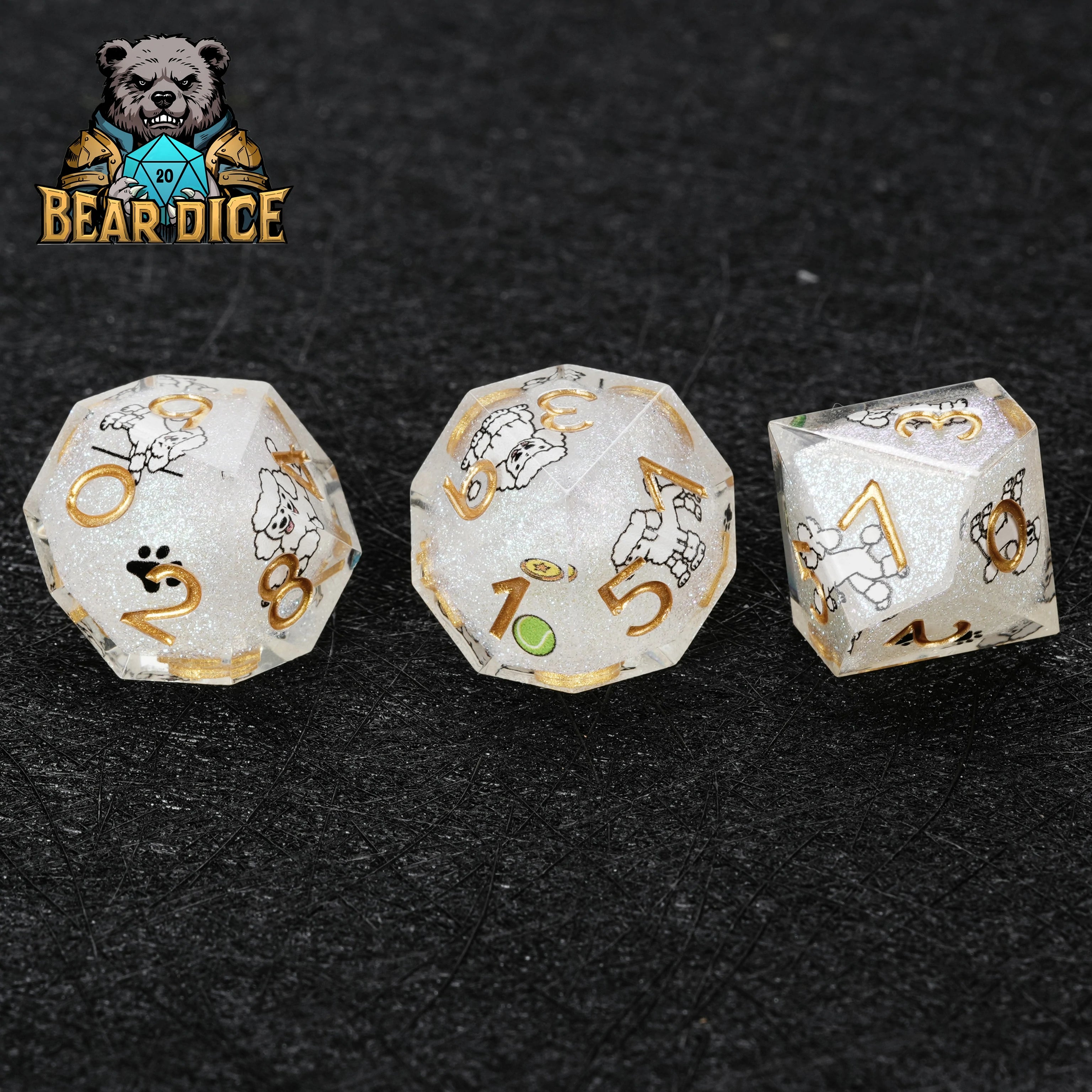 White Glitter Resin Poodle DND D10 Dice Set | Sharp-Edged Resin RPG Dice for D&D & Tabletop Games