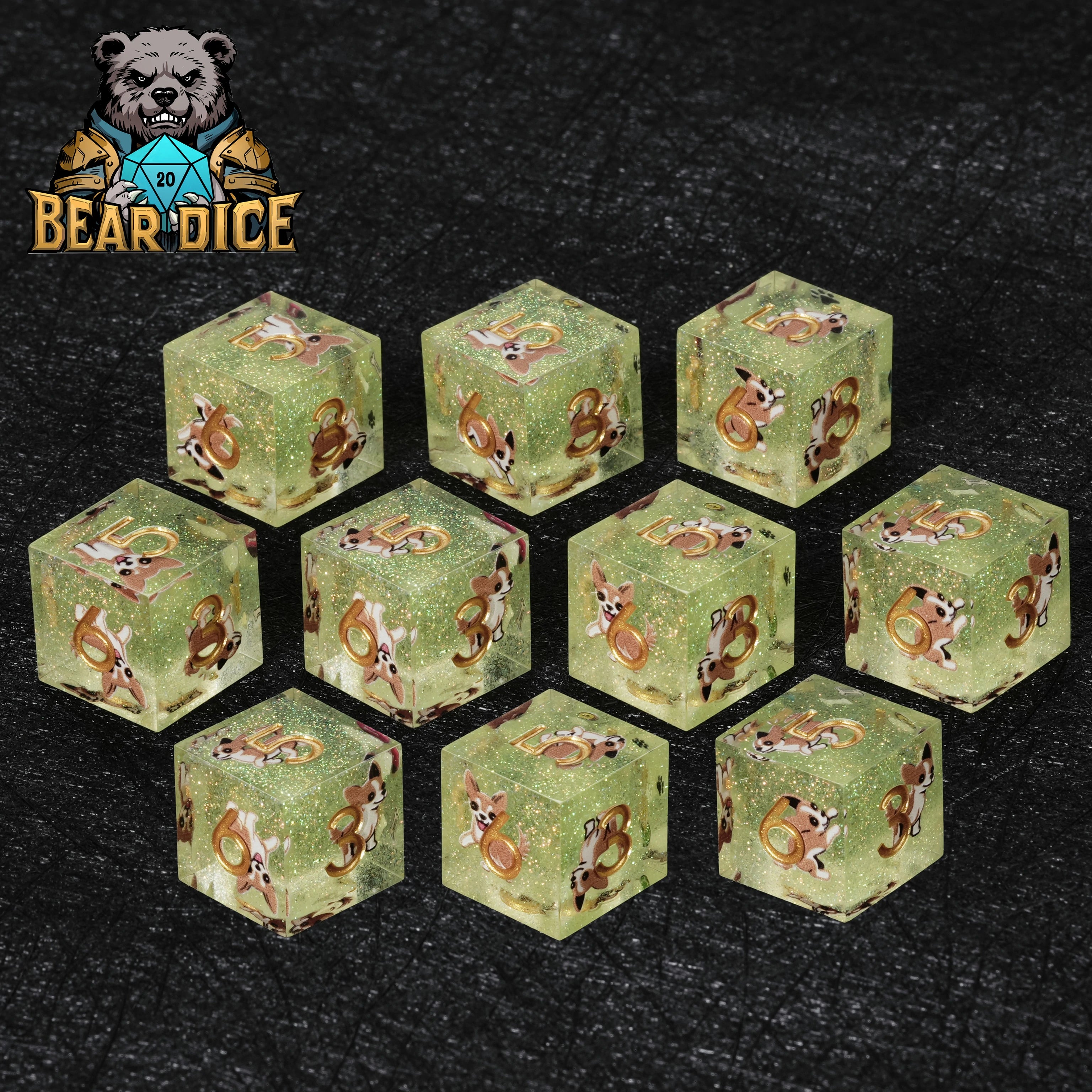 Chihuahua Green Glitter Resin DND D6 Dice