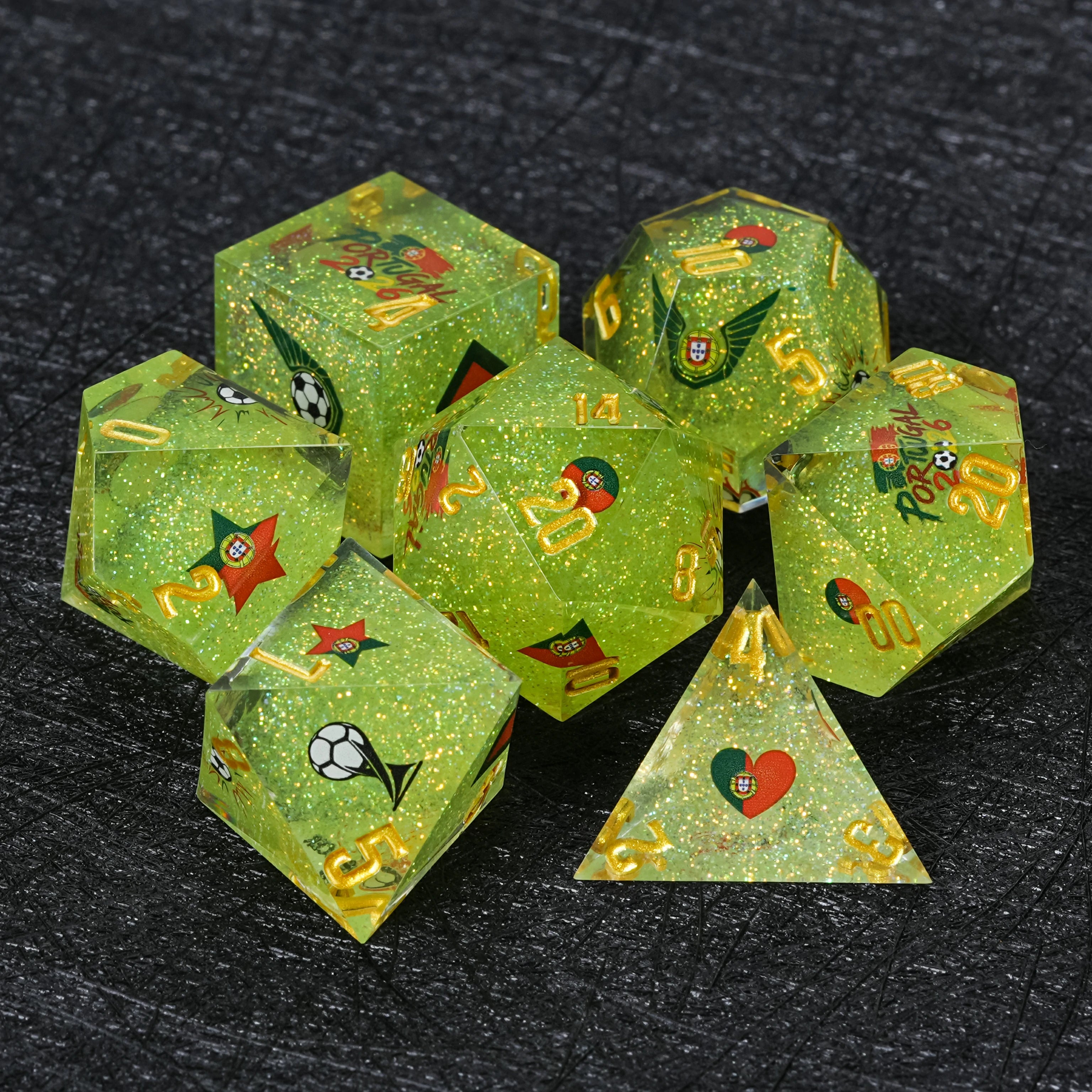 Portugal Soccer DND Dice Set – World Cup Green Glitter Resin Polyhedral Dice