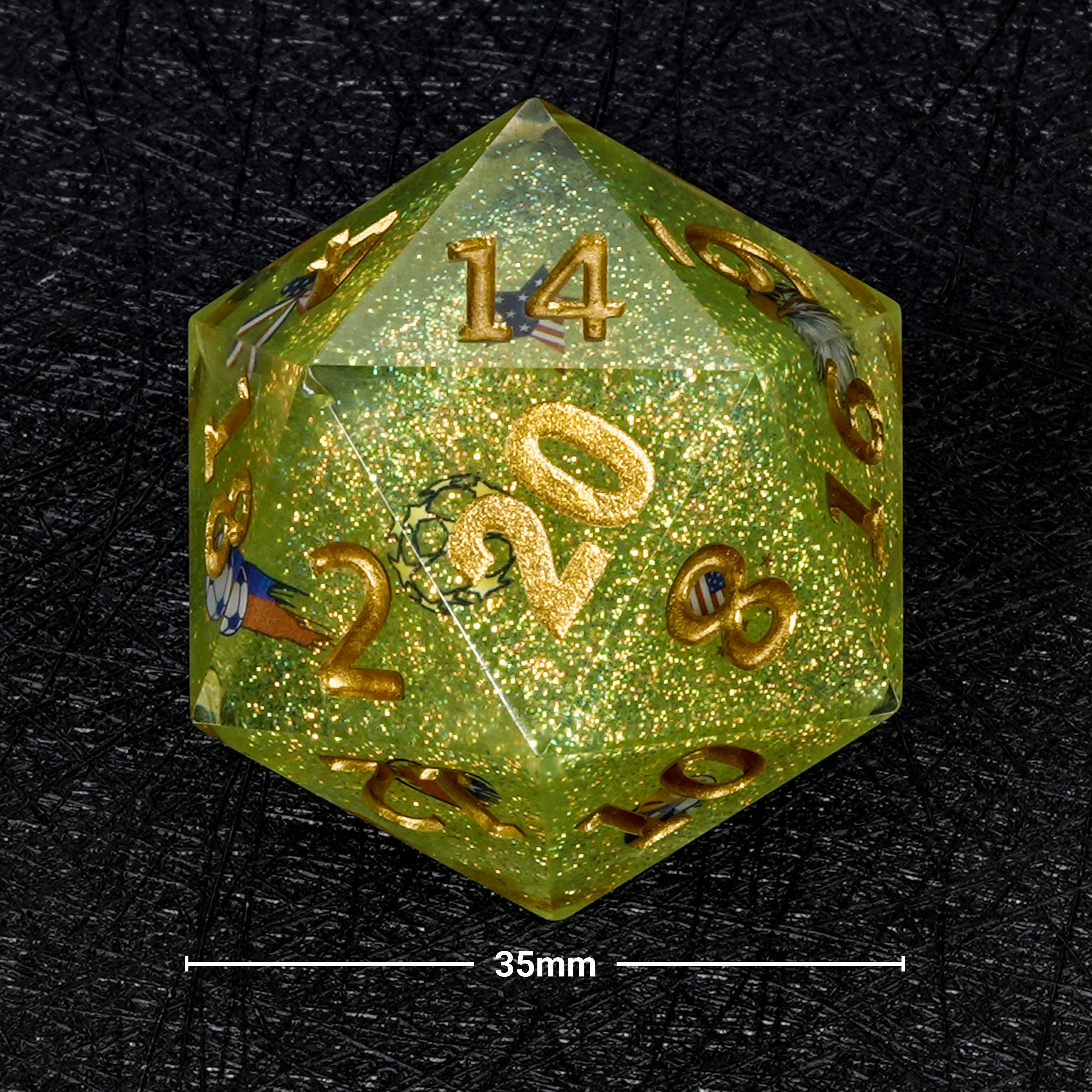 35mm World Cup USA Soccer Green Glitter Resin DND D20 Dice