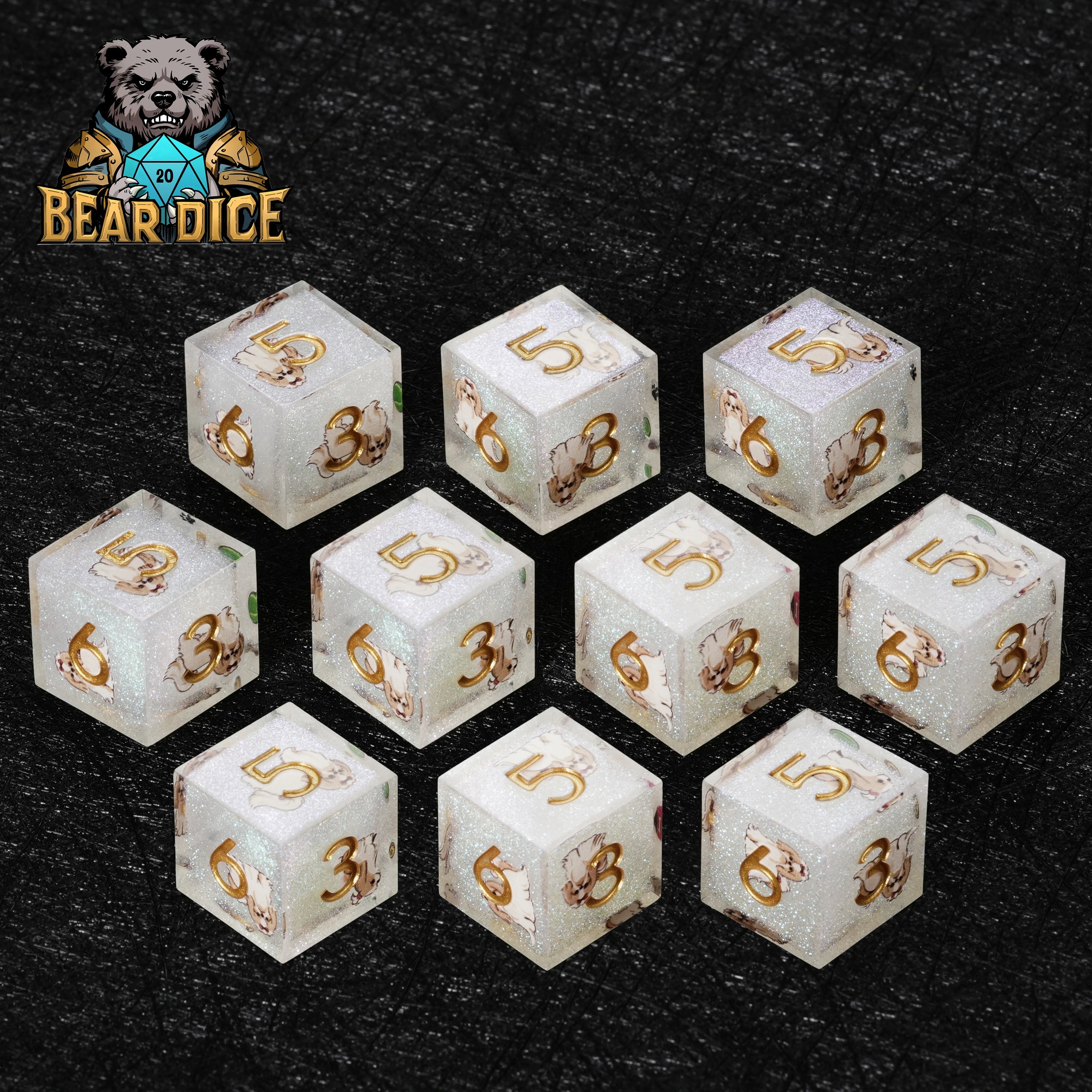 Shih Tzu White Resin D&D D6 Dice Set — Cute Dog Dice for RPG Games