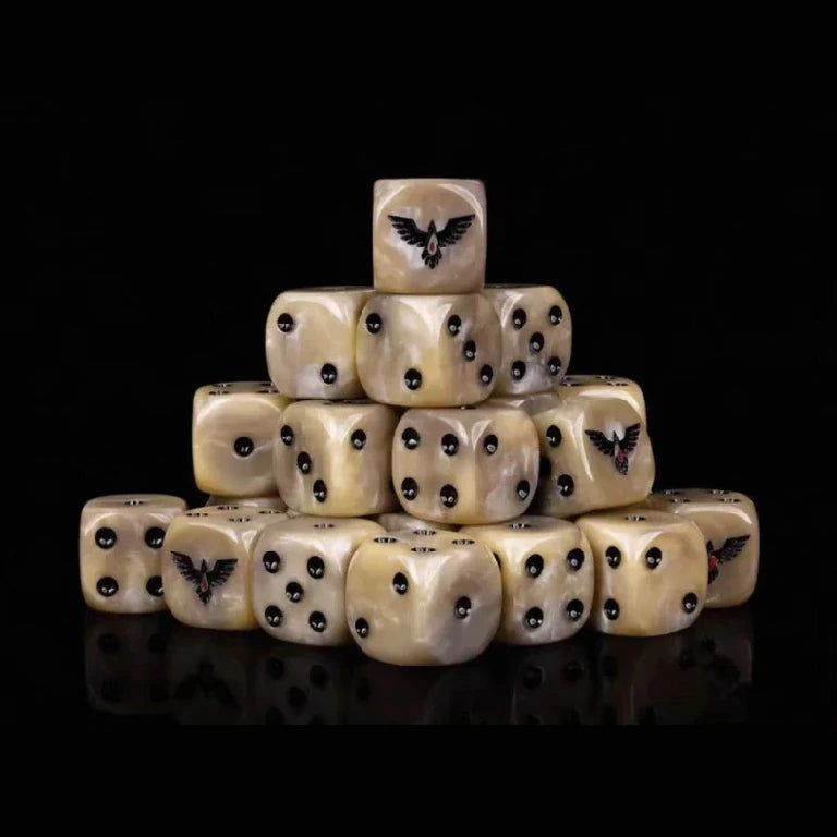 16mm Warhammer 40K Blood Ravens acrylic D6 dice with black pips; the "6" face features an engraved black raven with a red blood drop on its chest | Bear Dice