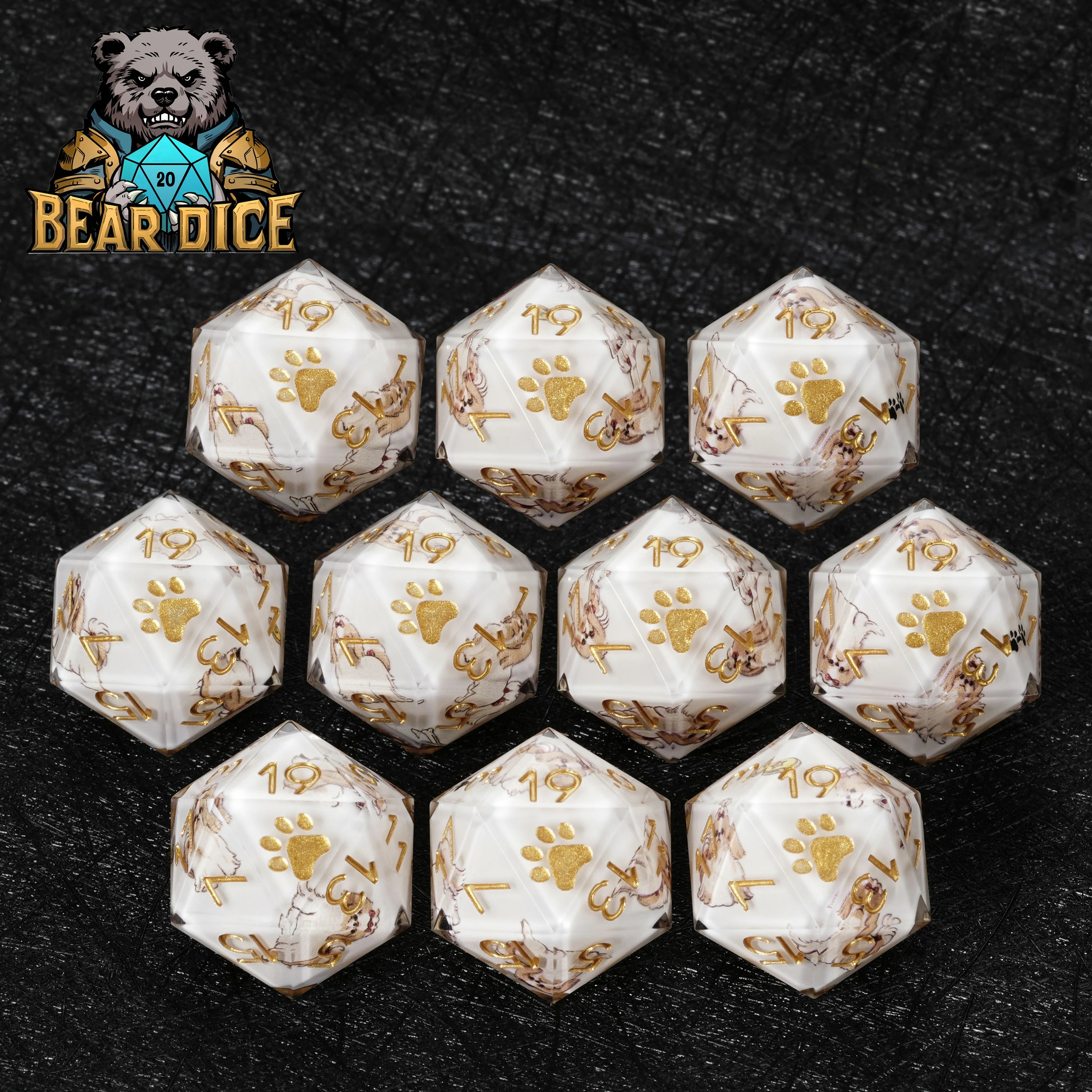 White Resin Shih Tzu DND D20 Dice Set – Cute Dog Polyhedral Dice for RPG