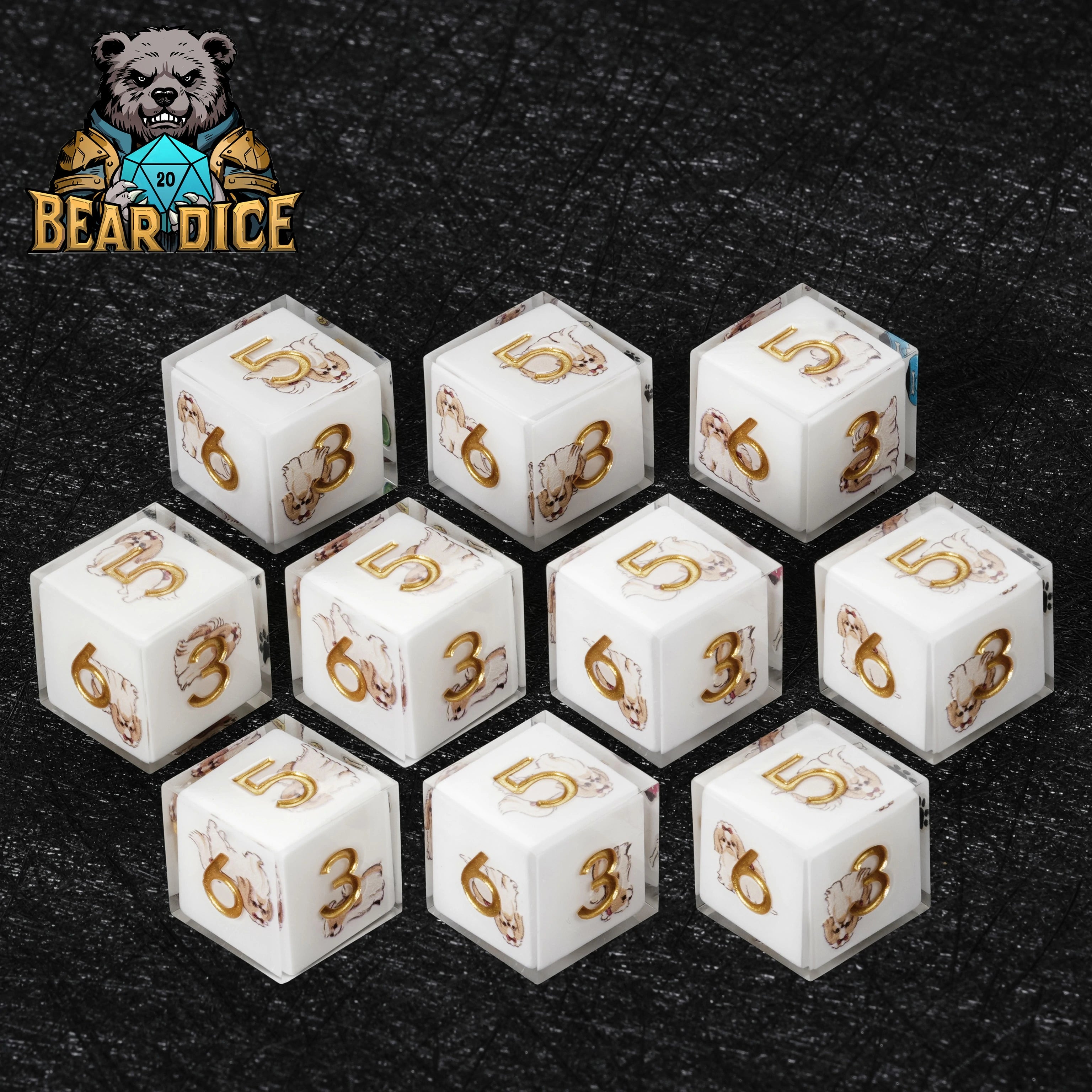 Shih Tzu White Resin D&D D6 Dice Set — Cute Dog Dice for RPG Games