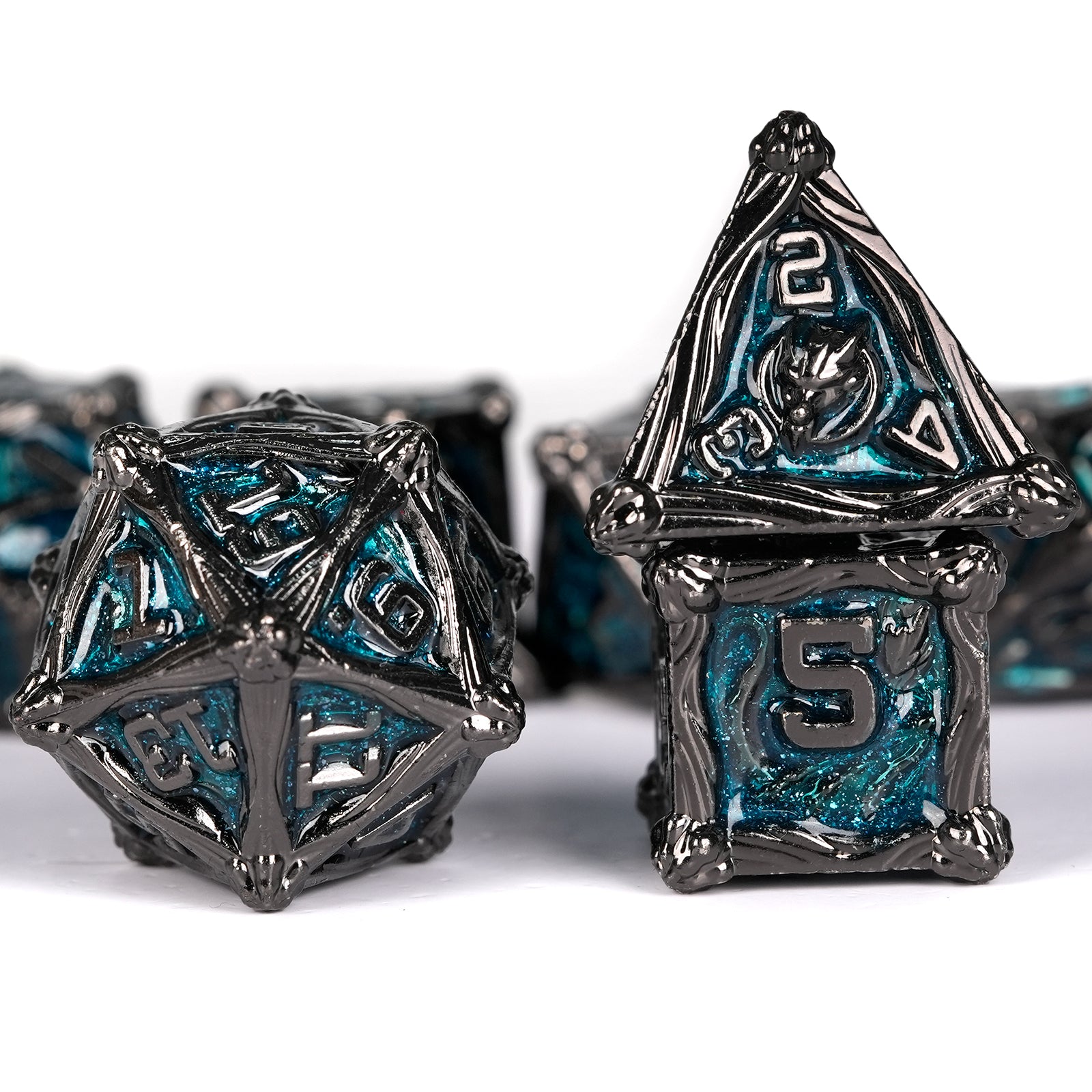 7 Dungeon Polyhedron Dragon Dice - Black Nickel Blue Pterosaur RPG Dice Set | Bear Dice