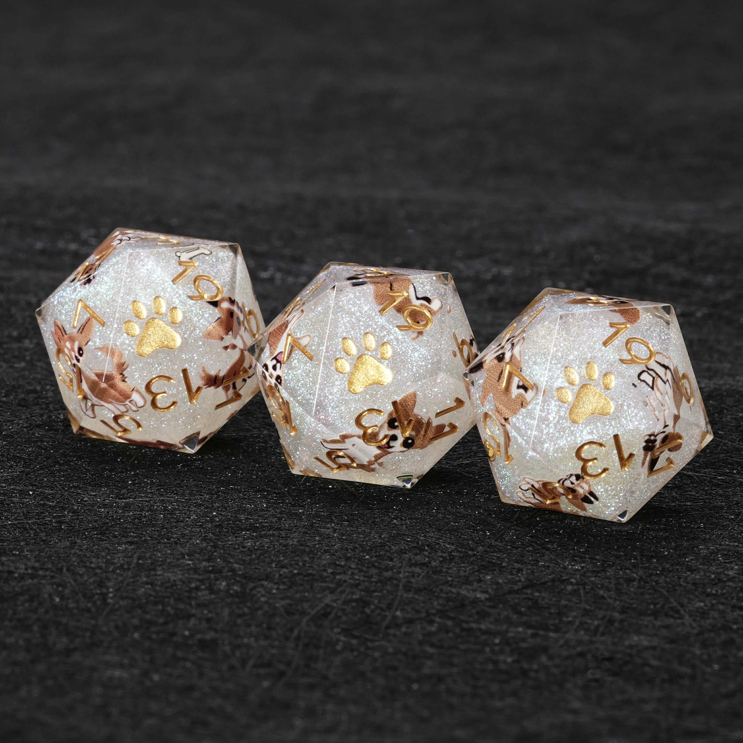 Chihuahua White Glitter Resin DND D20 Dice – Handcrafted RPG Polyhedral Set