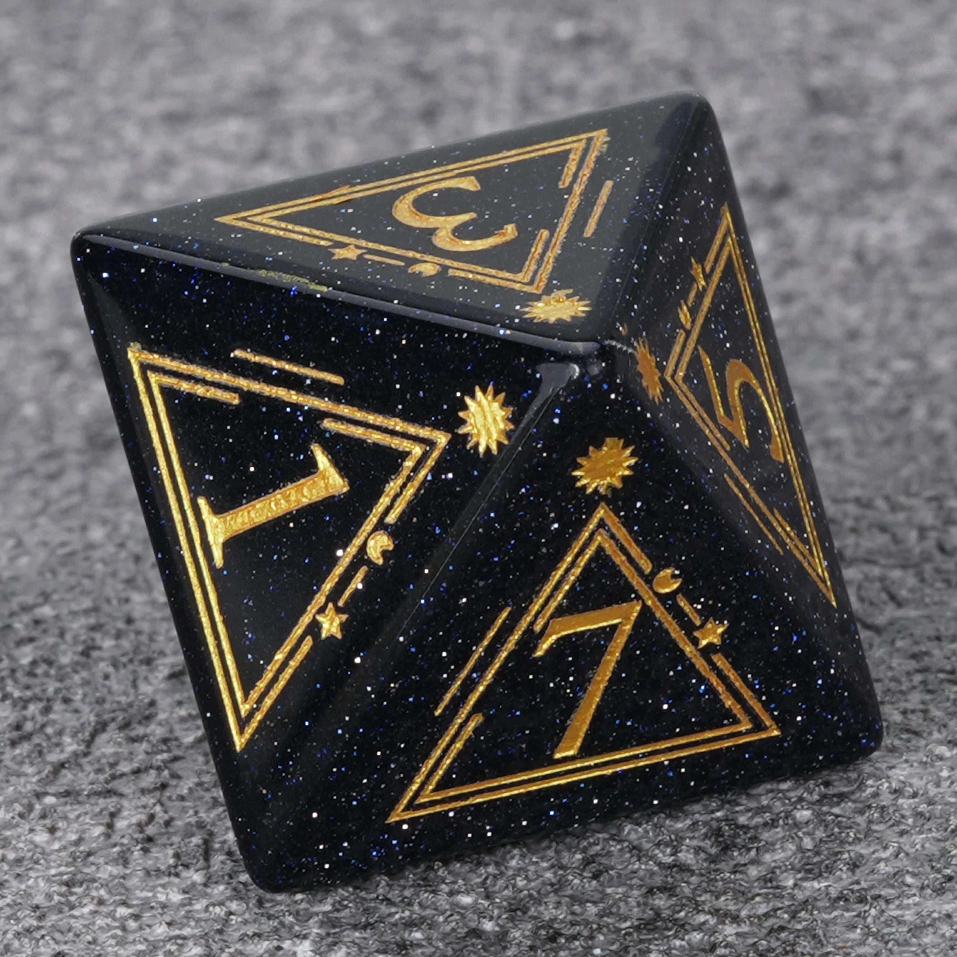 Blue Goldstone Dice Set with Golden Magic Triangle & Star Array