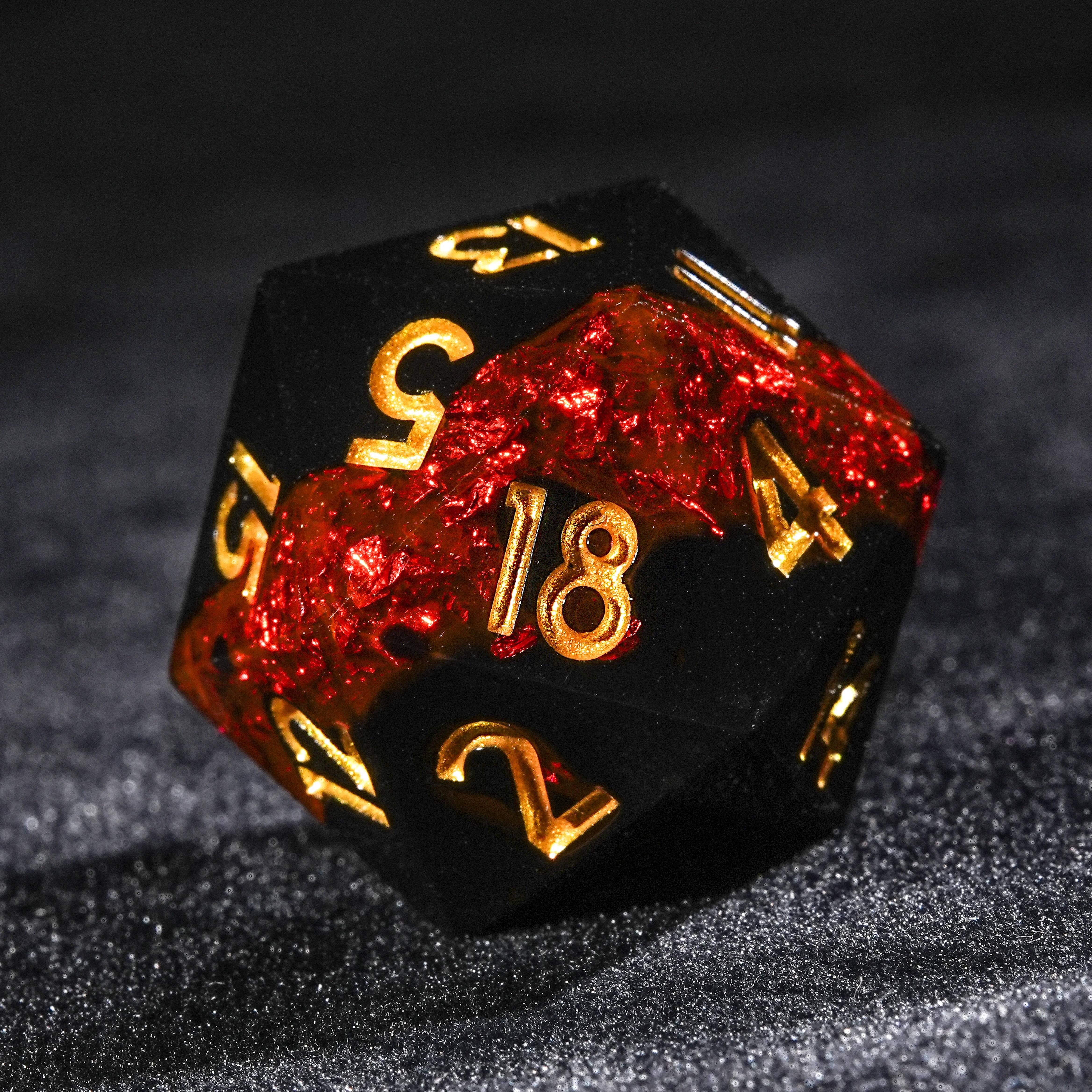 Red Flame River of Stars - Black Resin DND D20 Dice + Gold Font | Bear Dice