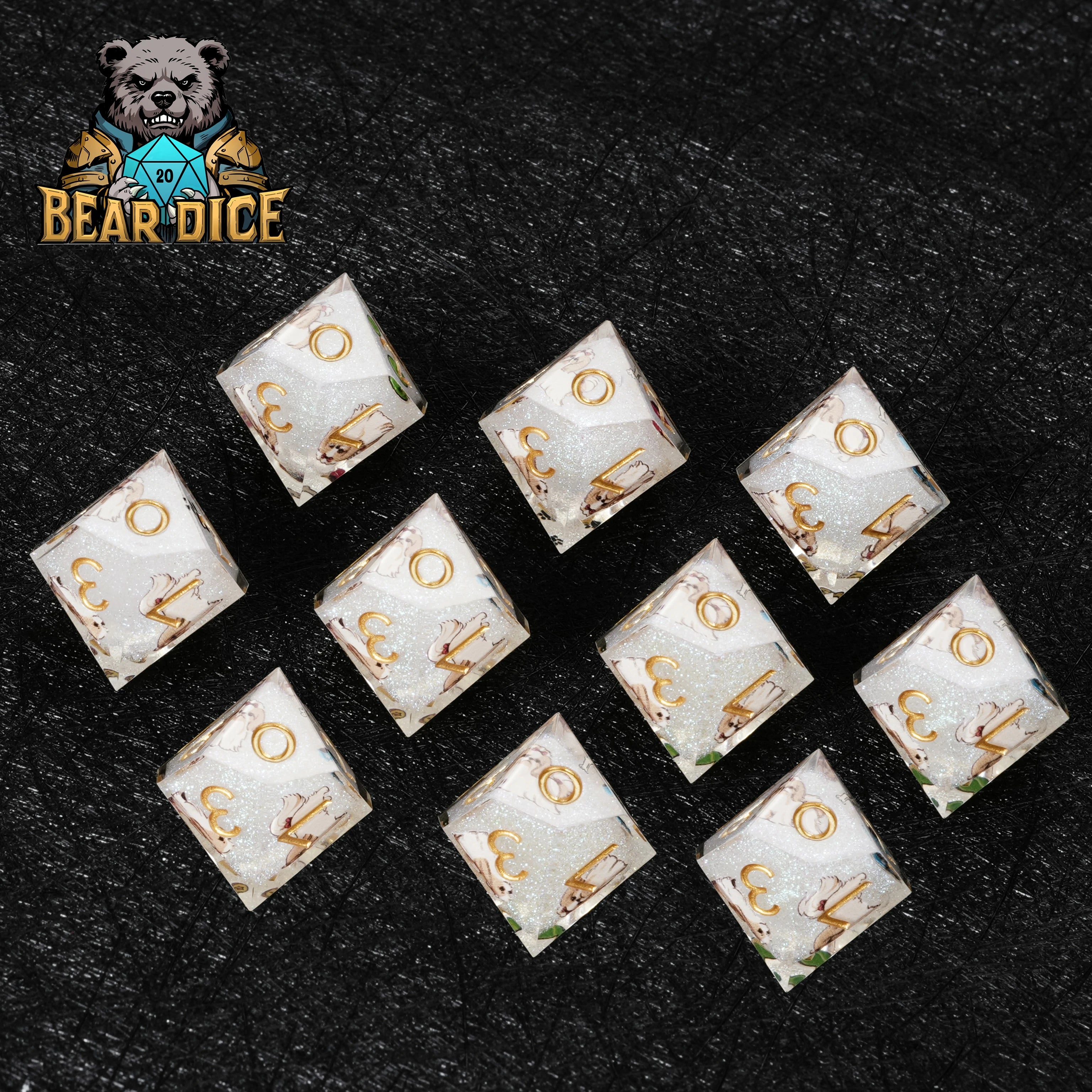 White Resin Shih Tzu DND D10 Dice Set – Adorable RPG Dice for Tabletop Games