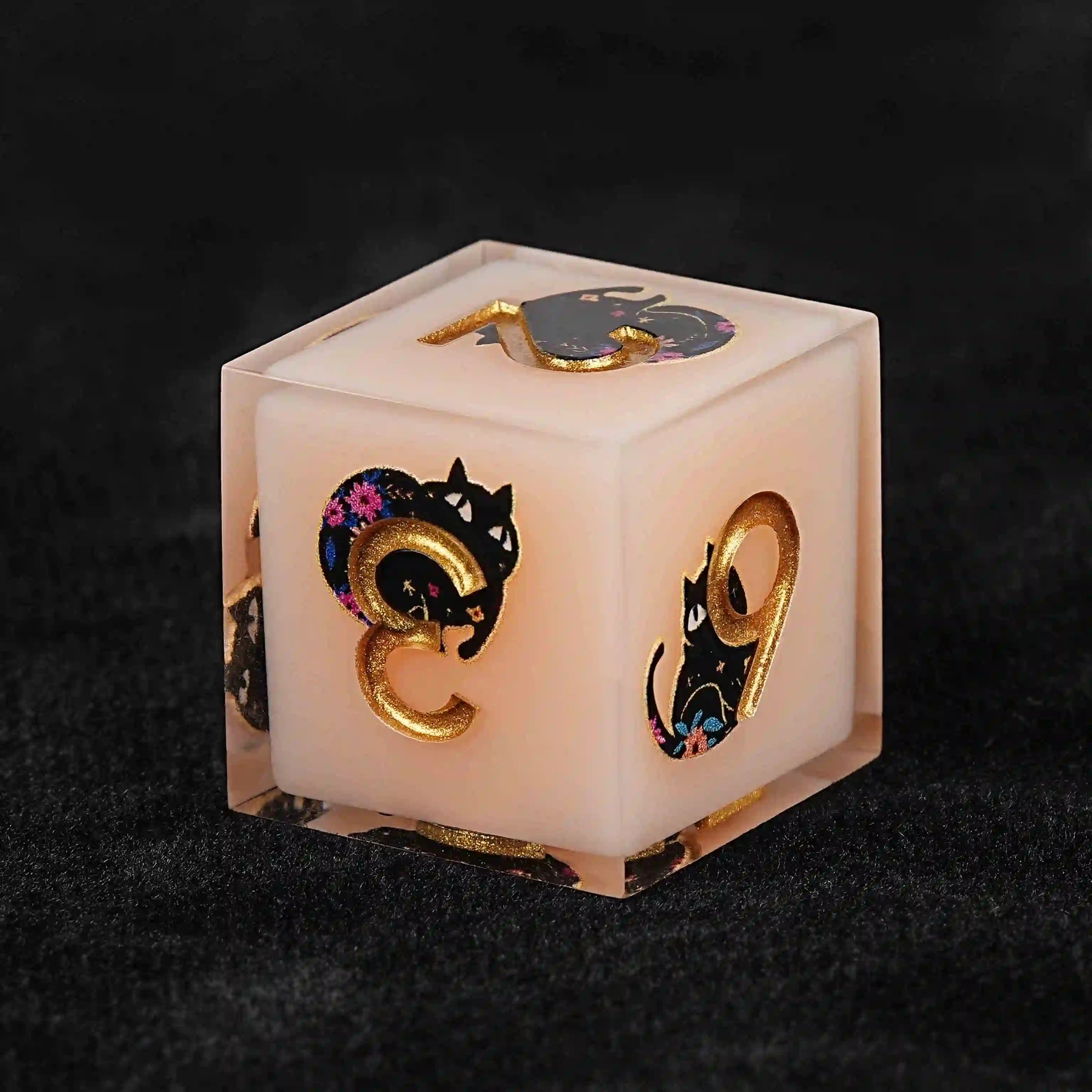 Handcrafted Unique Dice Set: Egyptian Pharaoh's Black Cat Flower Resin Sharp Edged Orange dnd d6 dice + Gold Font | Bear Dice