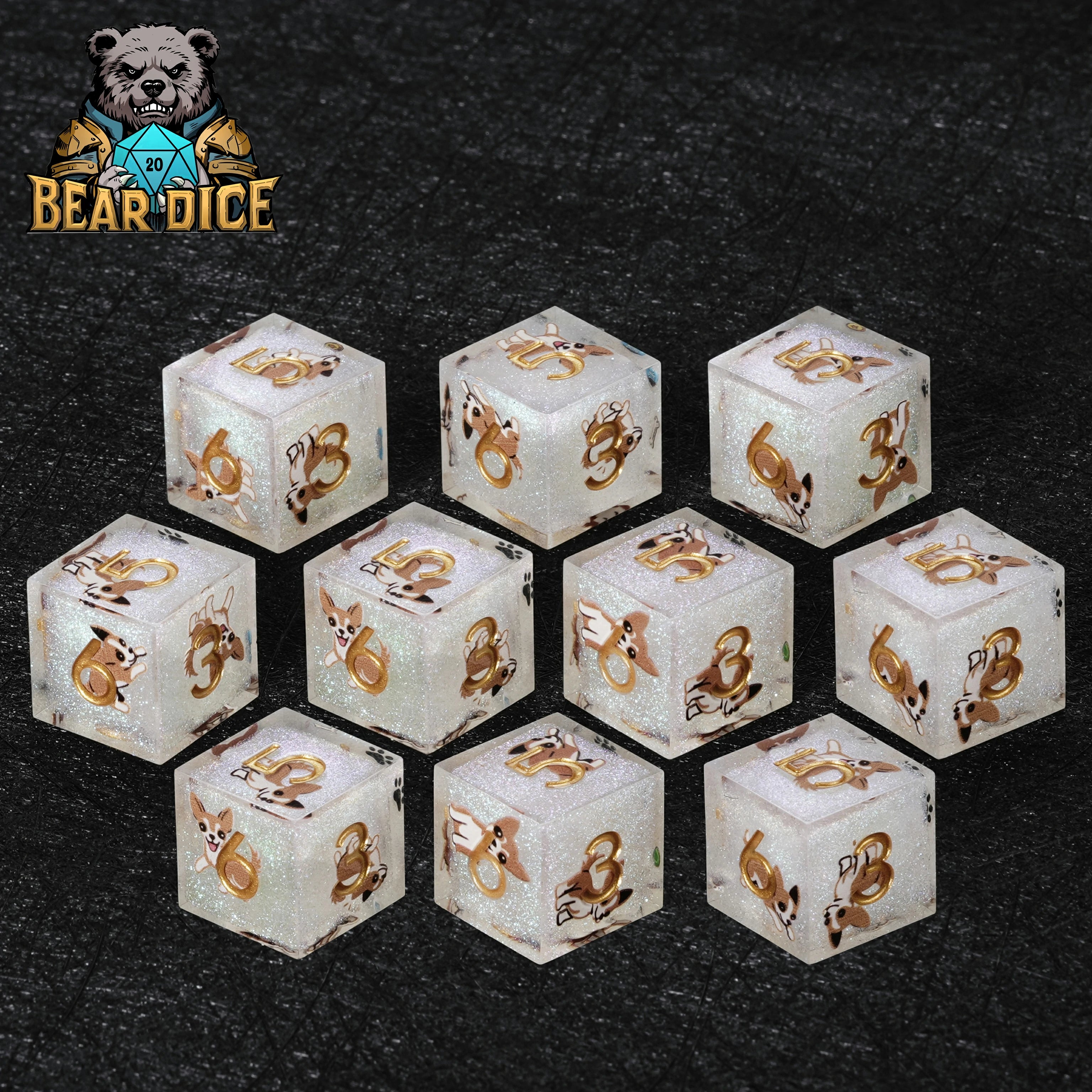 Chihuahua White Glitter Resin DND D6 Dice – Cute Dog RPG Dice for D&D & Tabletop Games