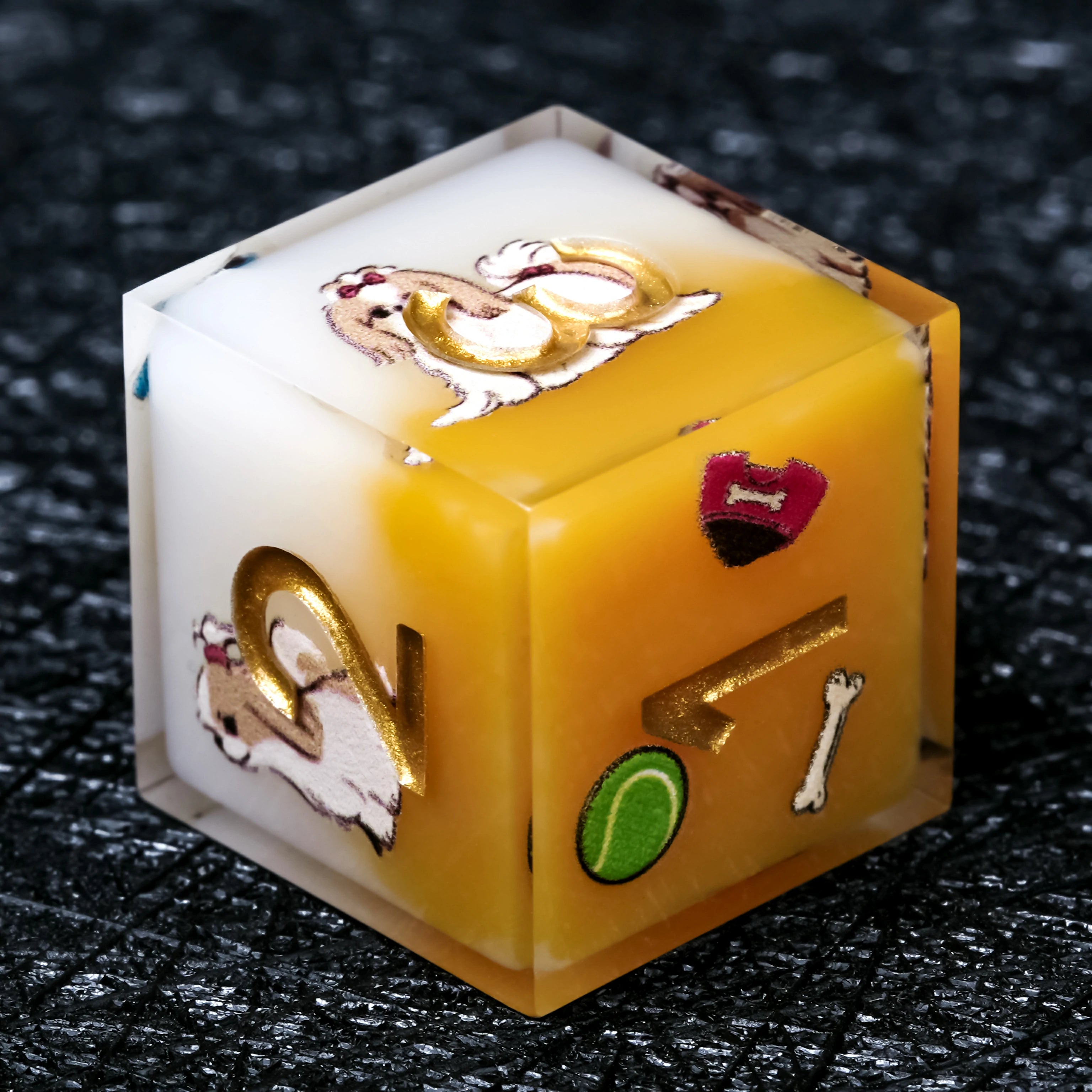 Shih Tzu Dice Set – Yellow & White Resin Polyhedral Dice with Gold Numbers