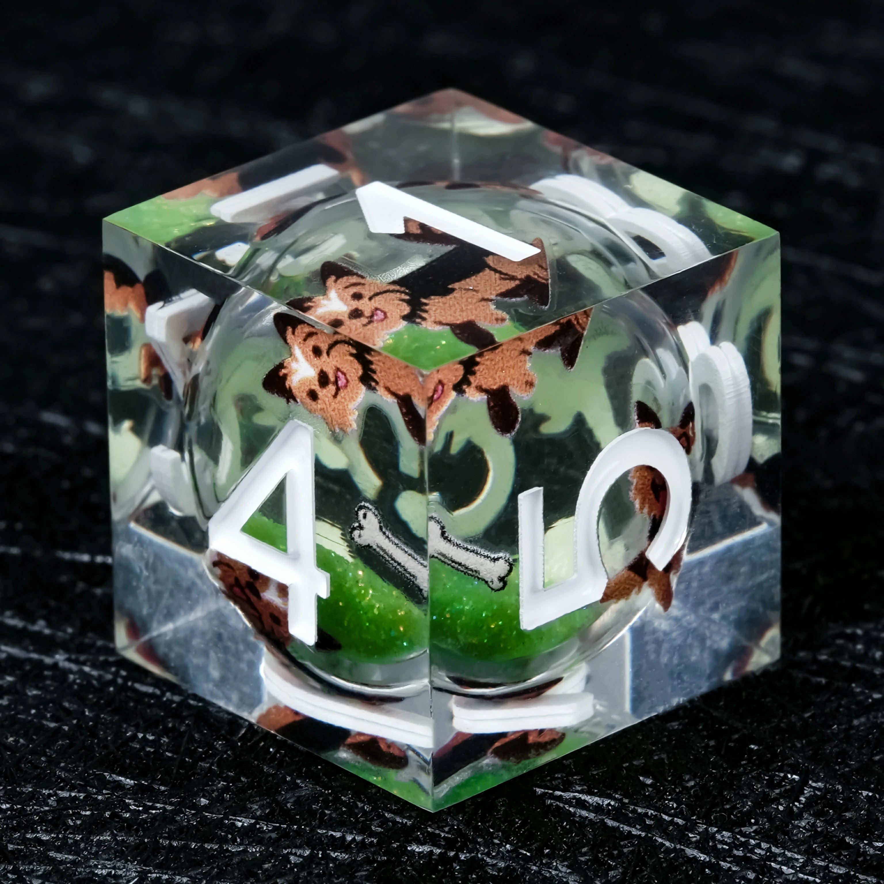 Yorkshire Terrier Green Liquid-Core Resin Dice Set | Yorkie DND Dice – White Numbers