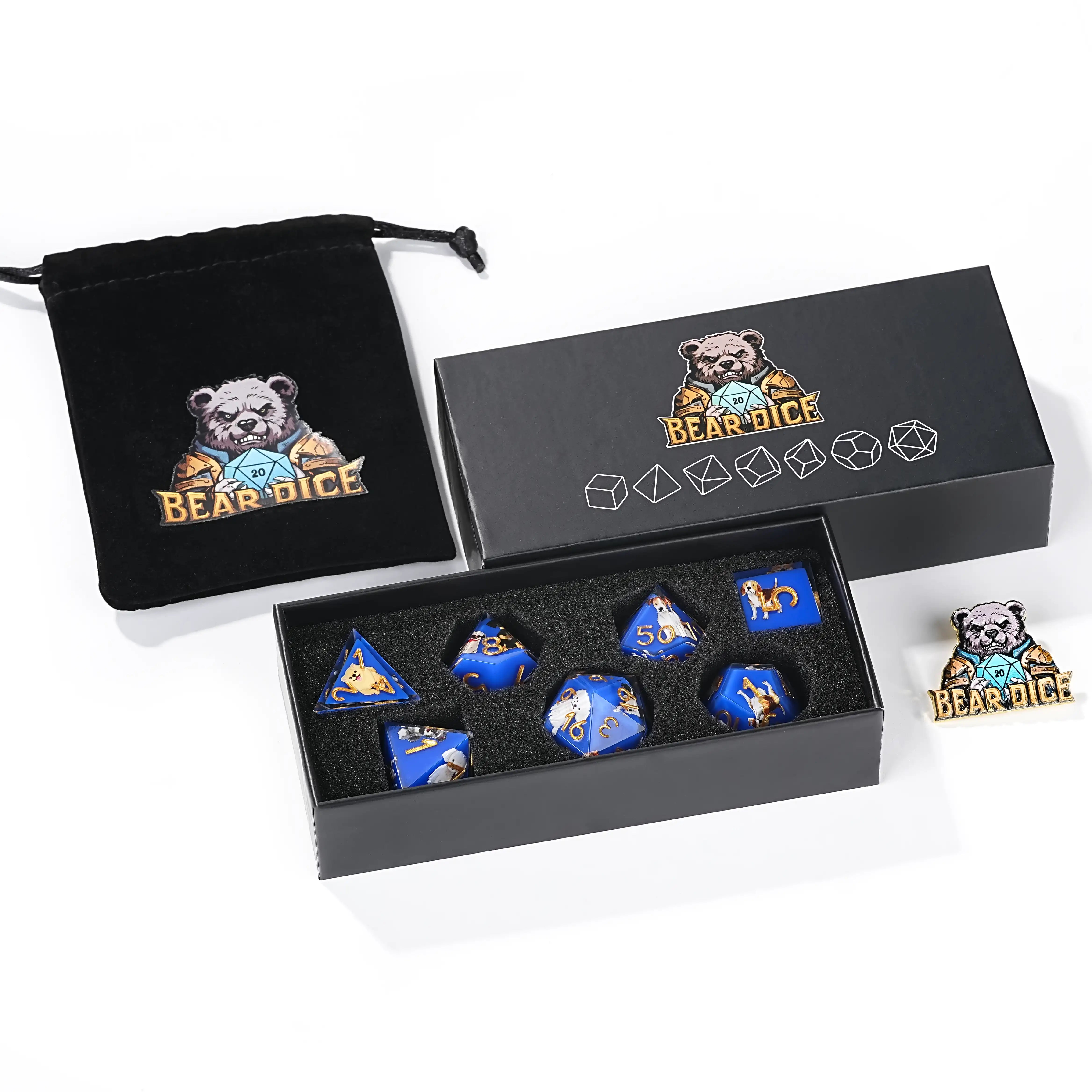 Colorful blue transparent resin cute dog pattern dice set + gold font