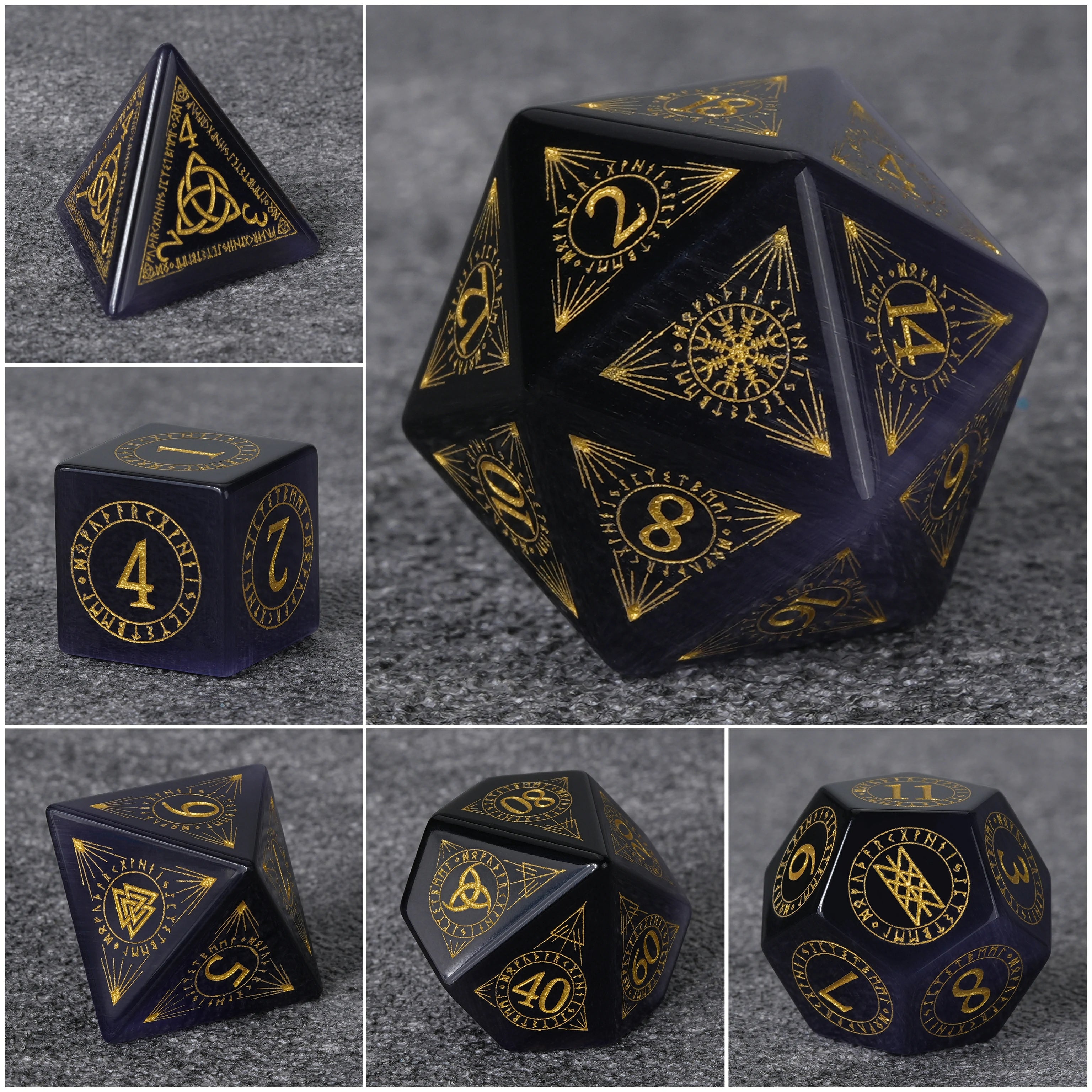 Amethyst DND Gemstone Dice Set with Gold Magical Runes