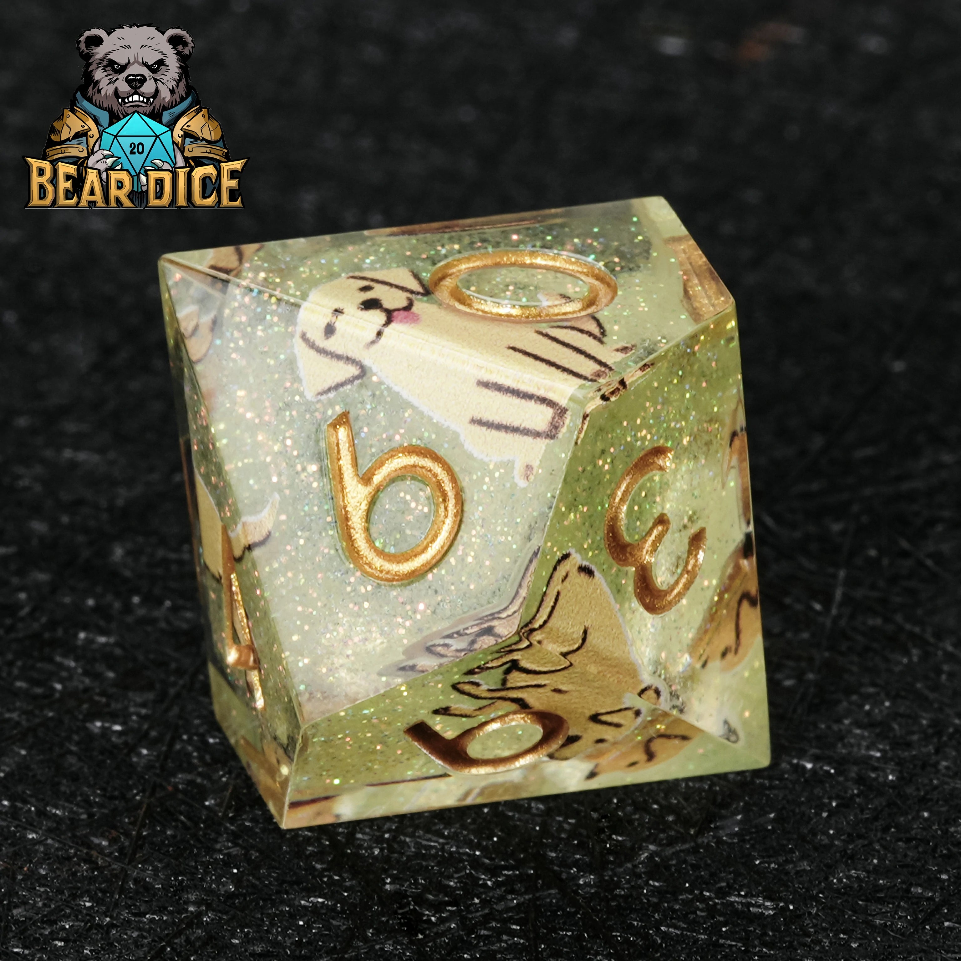 Labrador Green Glitter Resin DND D10 Dice Set | RPG Polyhedral Dice with Dog Art