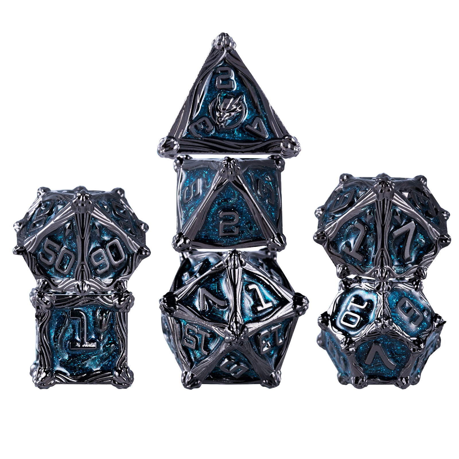 7 Dungeon Polyhedron Dragon Dice - Black Nickel Blue Pterosaur RPG Dice Set | Bear Dice