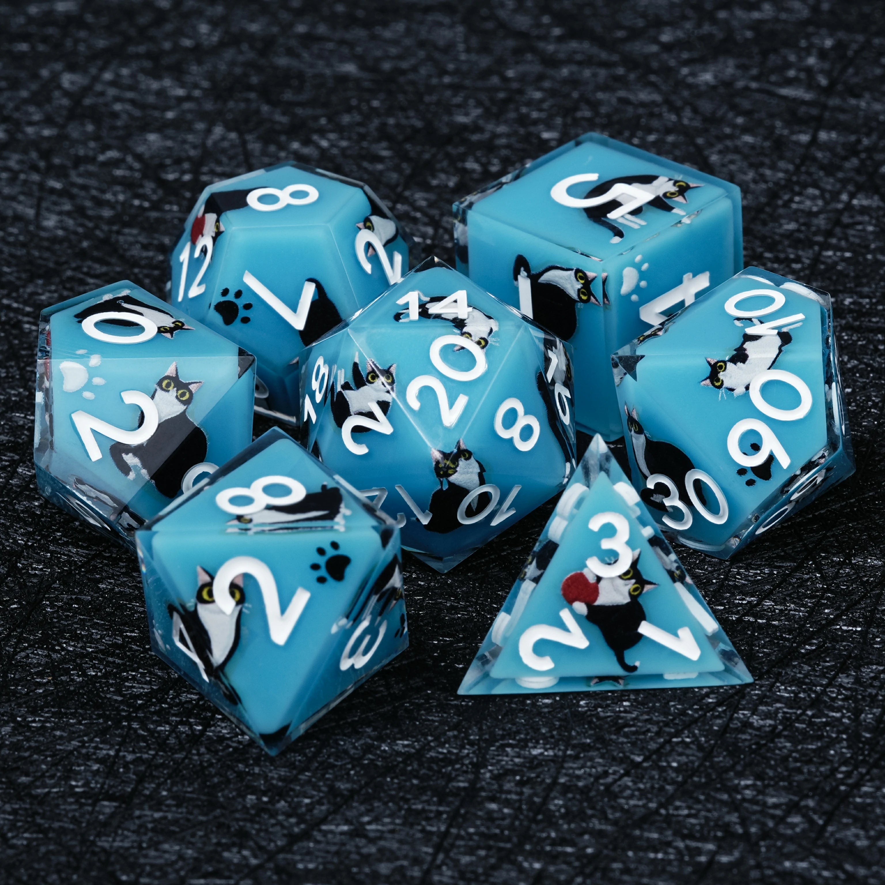 Black Cat Resin Dice Set | Light Blue DnD Dice with White Numbers