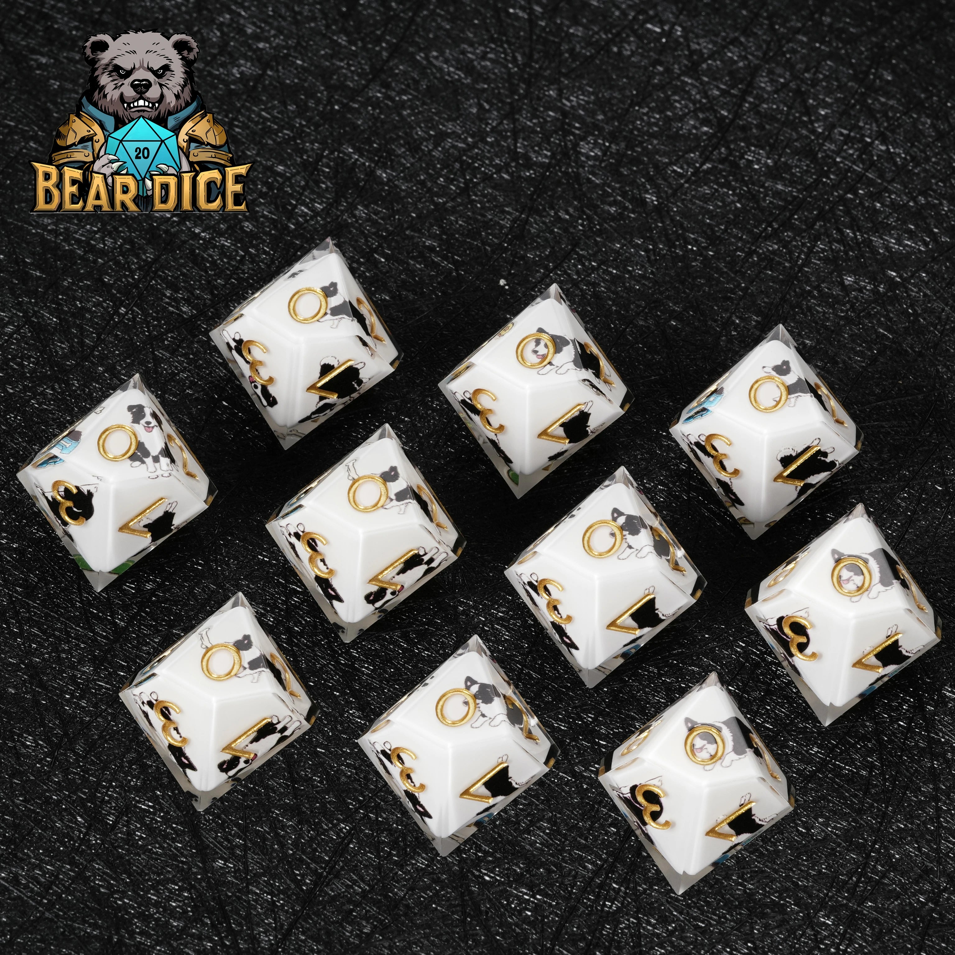 Border Collie White Resin D10 Dice for D&D & RPG Games – Handcrafted Glitter Die