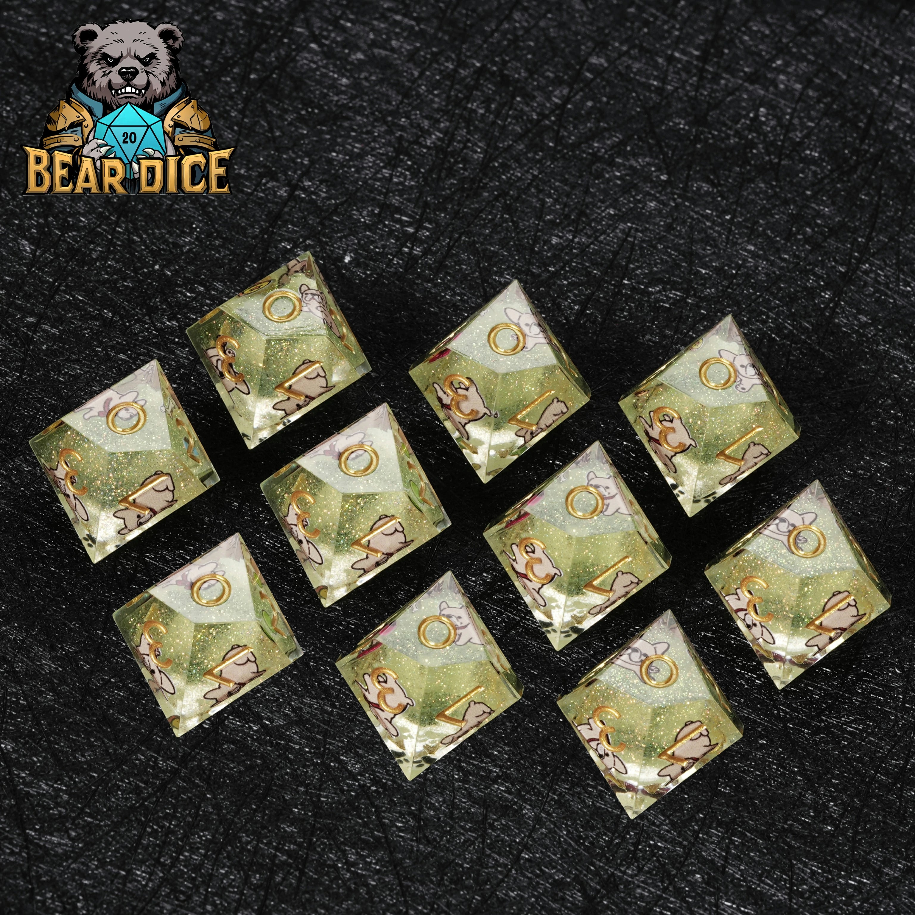 Bulldog Green Glitter Resin D10 Dice | D&D RPG Single Die