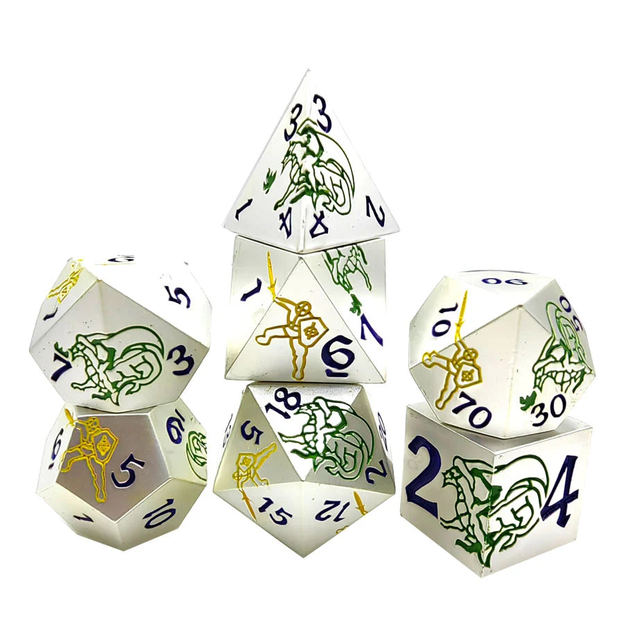 White metal dice set with yellow warrior and green dragon + blue font dnd dice