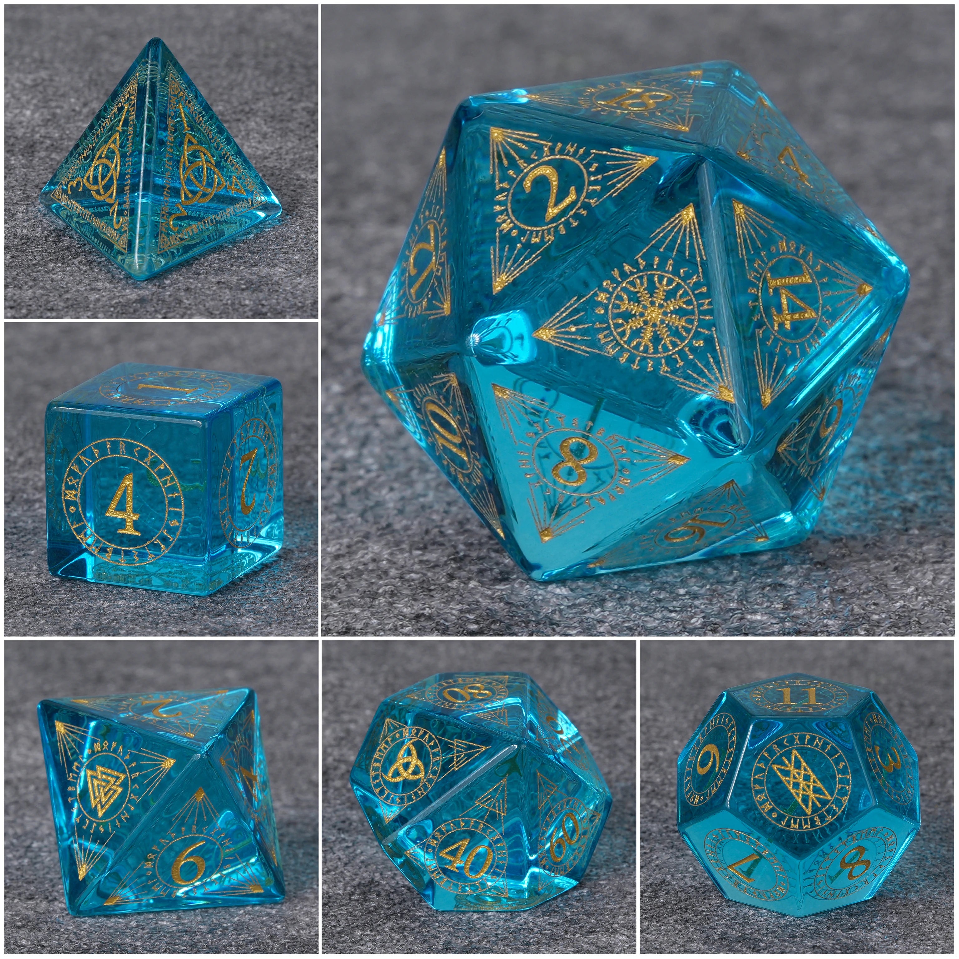 Ice Blue Glass Dice Set with Mystical Rune Magic Circle