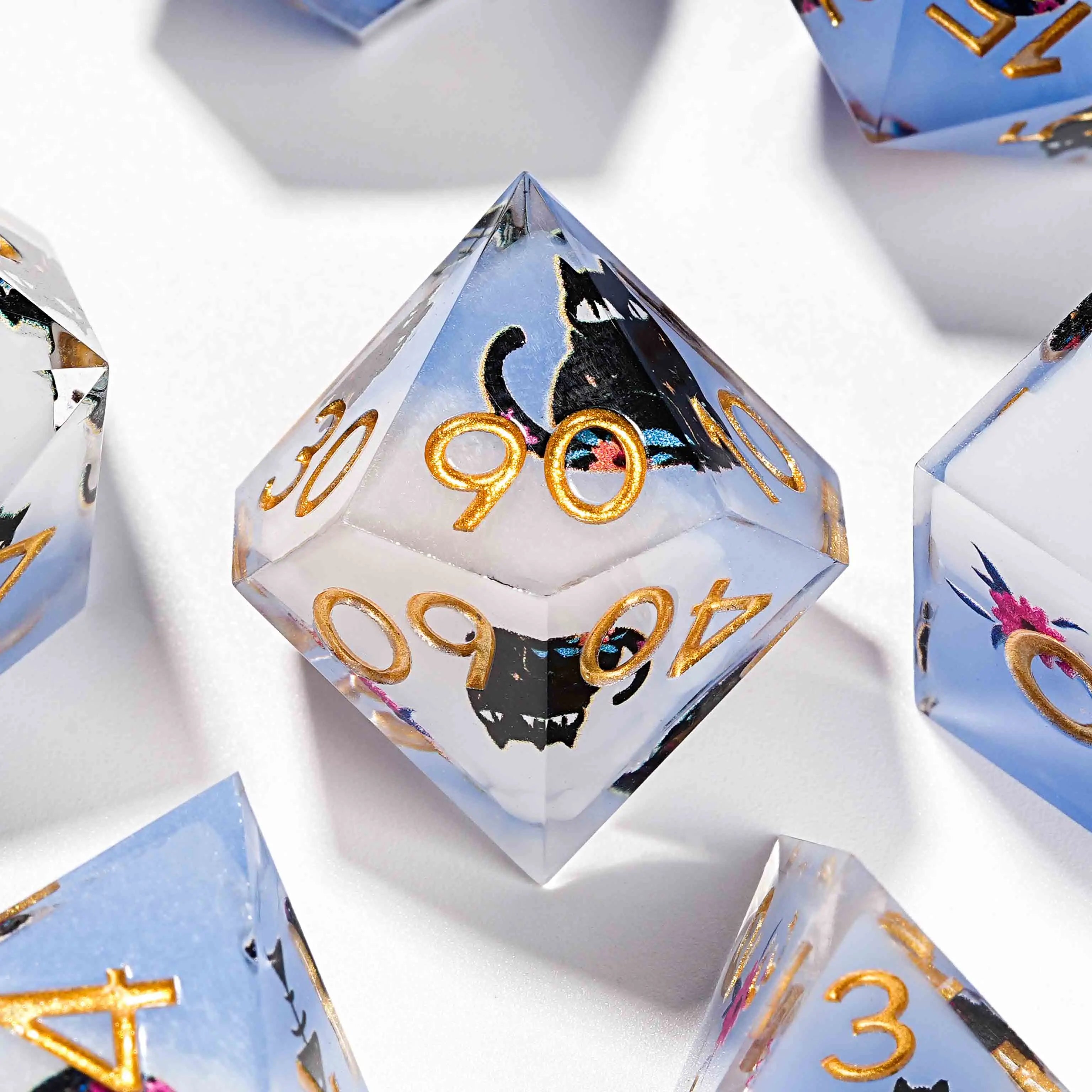 Egyptian Pharaoh blue and white background with flowers and black cat resin sharp edge dnd d% dice + gold lettering | Bear Dice
