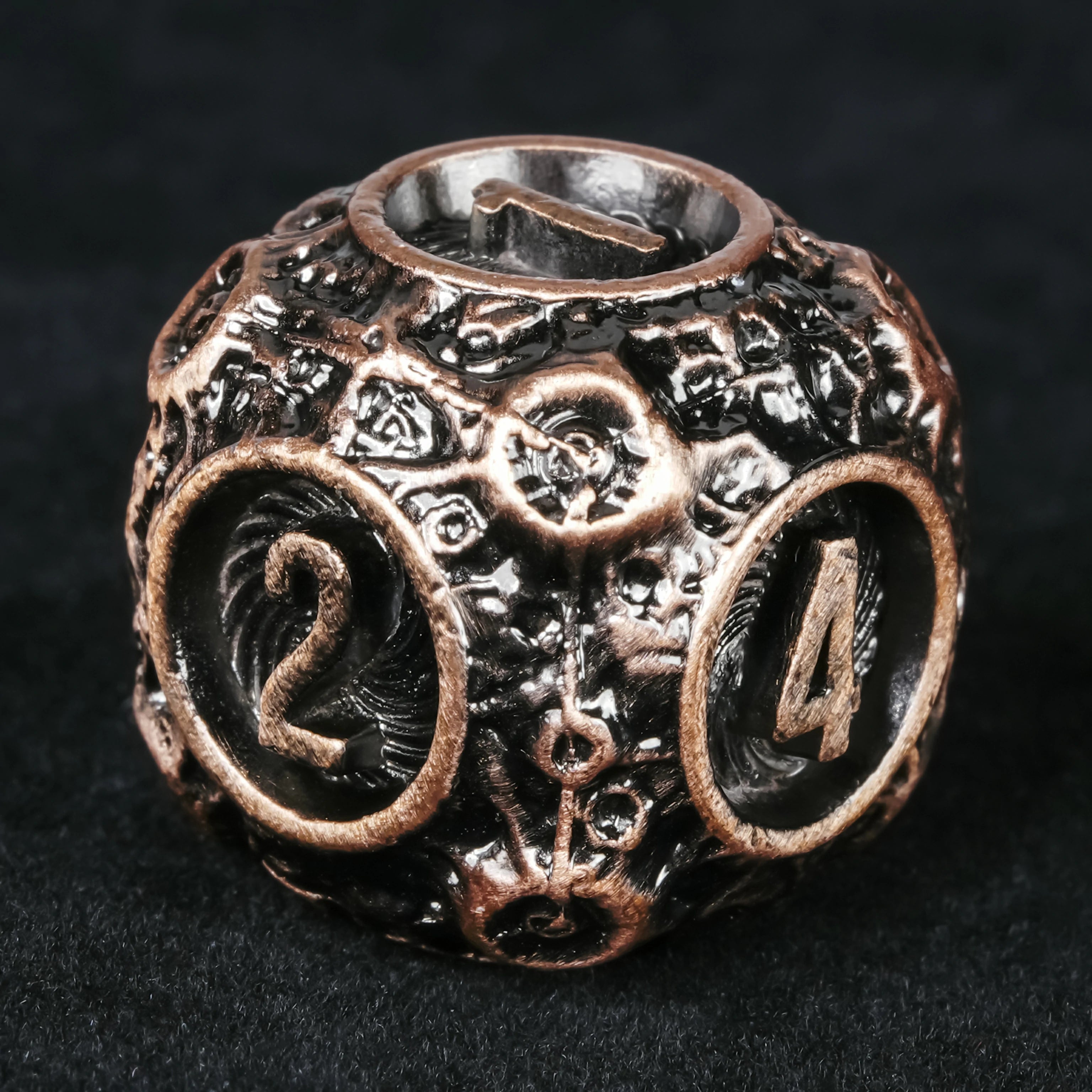 Spherical Planet Metal Dice Set - D6 showing open hollow face detail