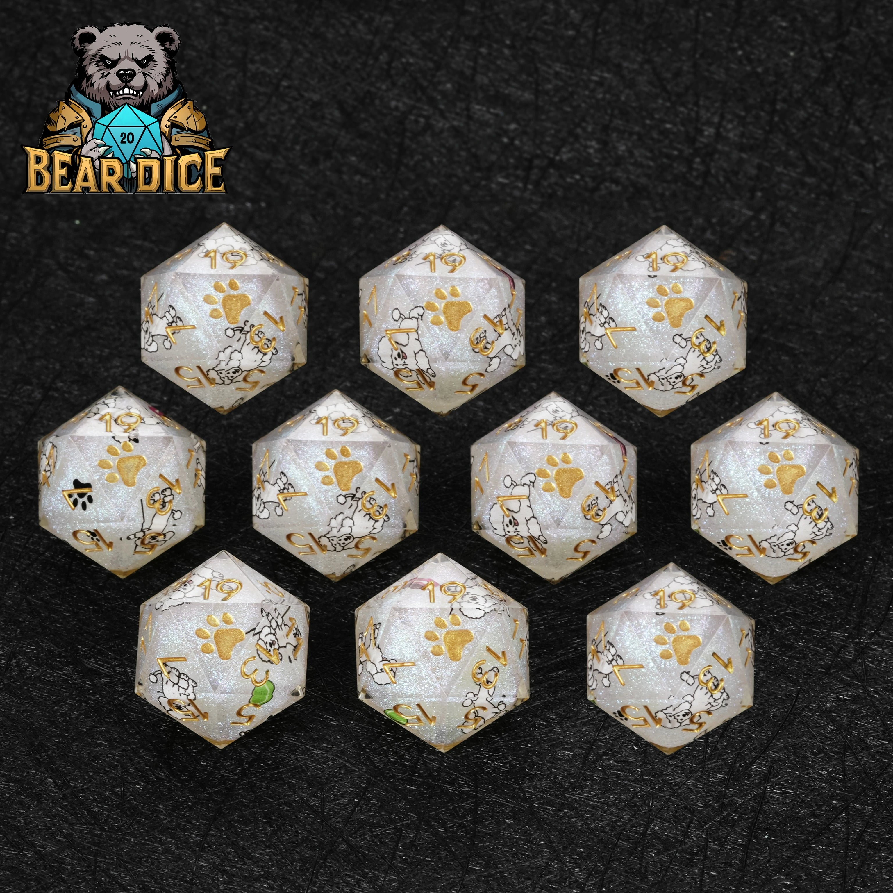 White Glitter Resin Poodle DND Dice Set | Sharp-Edged RPG Dice for D&D & Tabletop Games