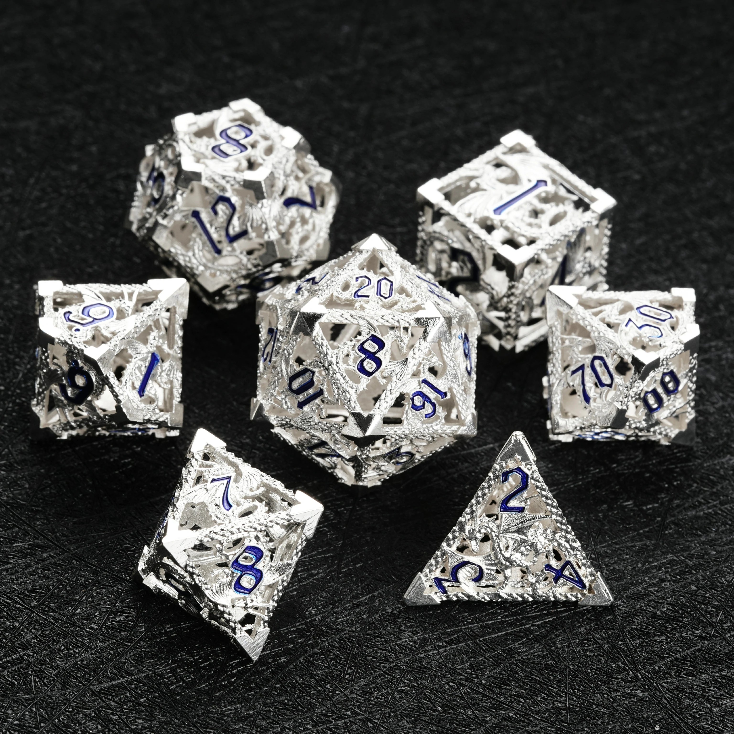 Silver Flying Dragon Openwork Metal Dice Set with Blue Numbers